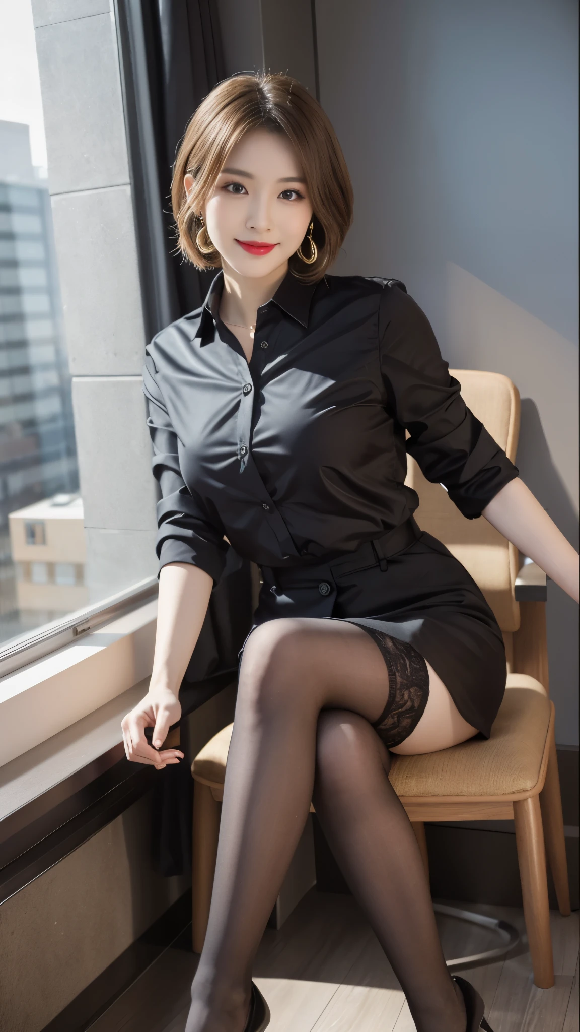 beautiful japanese woman,Photos taken by a professional photographer,Fancy makeup with red eyeshadow,double eyelid,The best smile,Delicate brown hair with short cut and side waves,big ring earrings,elegant legs,Wearing black high heels,long and thin legs, white shirt and super miniskirt, long legs, standing during class, very beautiful slim legs, とても美しいlong and thin legs, sitting at desk, Business service, beautiful feet, good hips and long legs, beautiful feet, black tights,black stockings,black pantyhose,