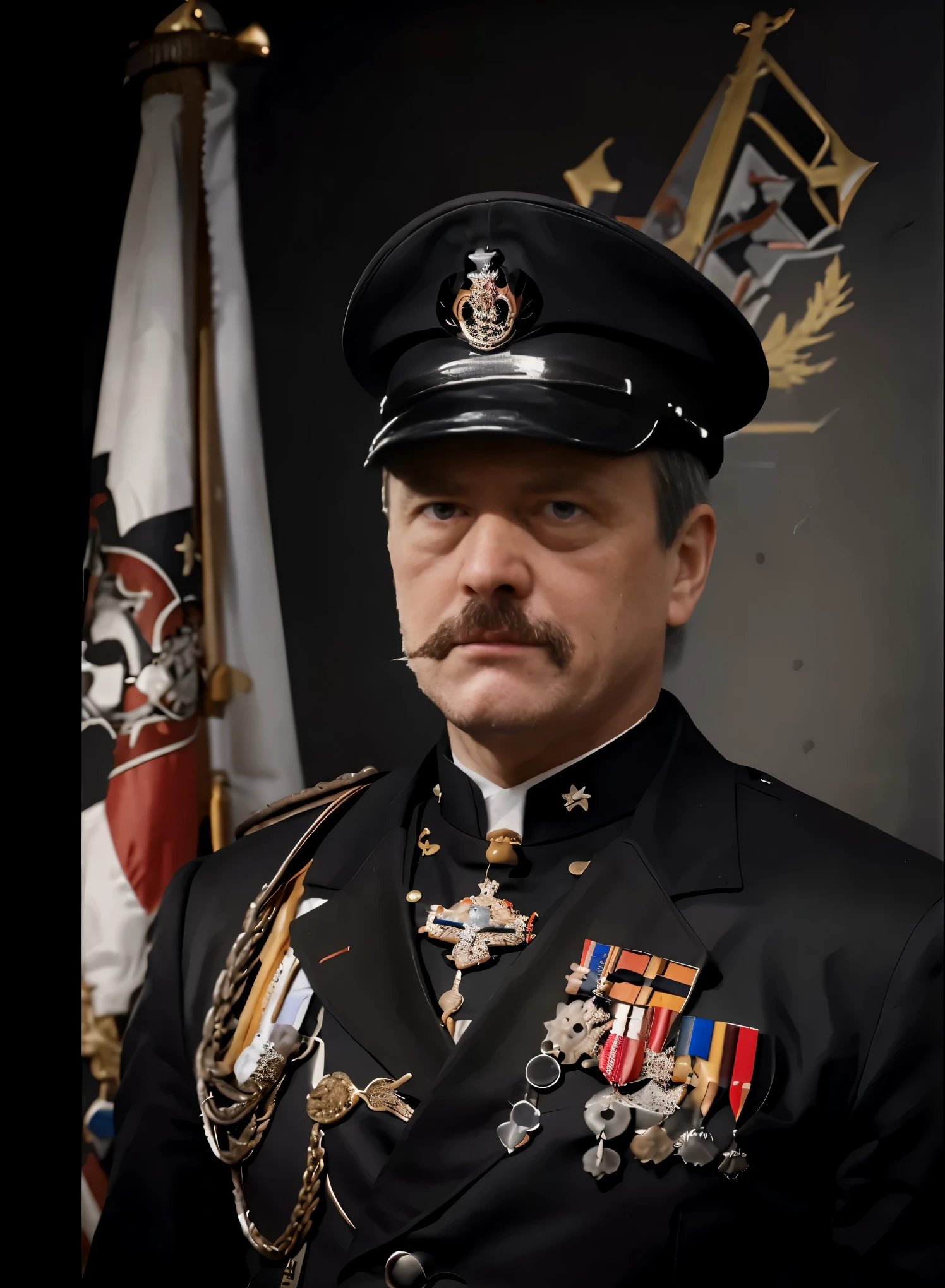vm1 RAW photo, 1man, mustache, (Naval officer: Dress uniform with gold accents, peaked cap, polished dress shoes, medals) (high detailed skin), 8k uhd, dslr, soft lighting, high quality, film grain, Fujifilm XT3, <lora:ViggoMortensen:.95>