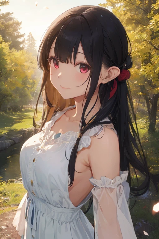 masterpiece, best quality, <lora:YorForger-mver:1>,1girl, red eyes, solo, jewelry, long hair, white hairband, smile, looking at viewer, hairband, earrings, black hair, skirt, bare shoulders, off shoulder, shirt, breasts, blurry background, blurry, cleavage, off-shoulder shirt, bangs, gold earrings, white skirt, short sleeves, collarbone, closed mouth, hair ornament, red shirt, choker, hair between eyes, necklace, outdoors, leaning forward, medium breasts, flower, frills, hair flower, puffy sleeves, off-shoulder dress, sidelocks, dress, depth of field, v arms