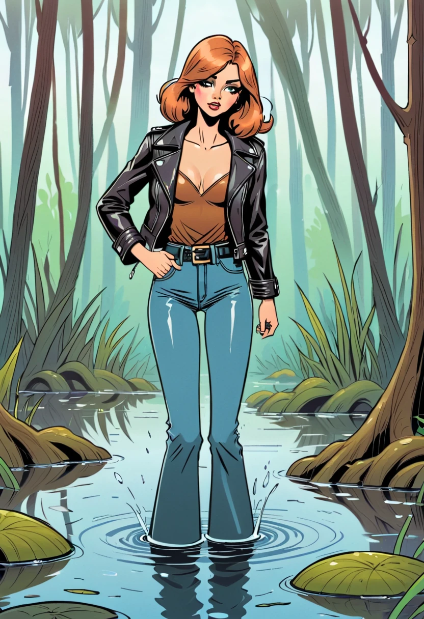 Gates McFadden (age 30) dressed in an explorers themed bikini. She was bathing in a pool under a waterfall when attacked by a fearsome dinosaur monster. Deadly struggle