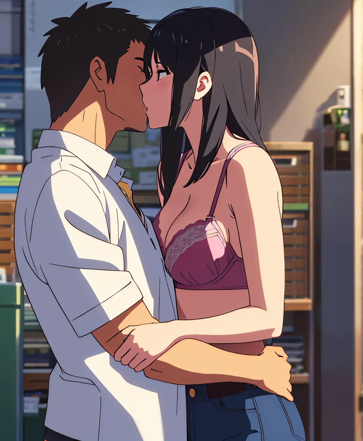 shinkai makoto, kimi no na wa., 1middle age man, wrinkle face, black hair,bangs swept to the right side, office suit, middle aged man caressing girl's body, kiss cheeks, passionate hug, boy is hugging from behind, chestgrope from behind, middle aged man is touchig girl's chest, hold chest, 1girl, bangs, black hair, brown eyes, Twisted Half Up Hair, red ribbon, long hair, yellow collared shirt, open shirt, off shoulders,unbuttoned shirt, pink bra, cleavage, breast, medium breast, blue pants, storage room, indoors, masterpiece, perfect anatomy, cowboyshot