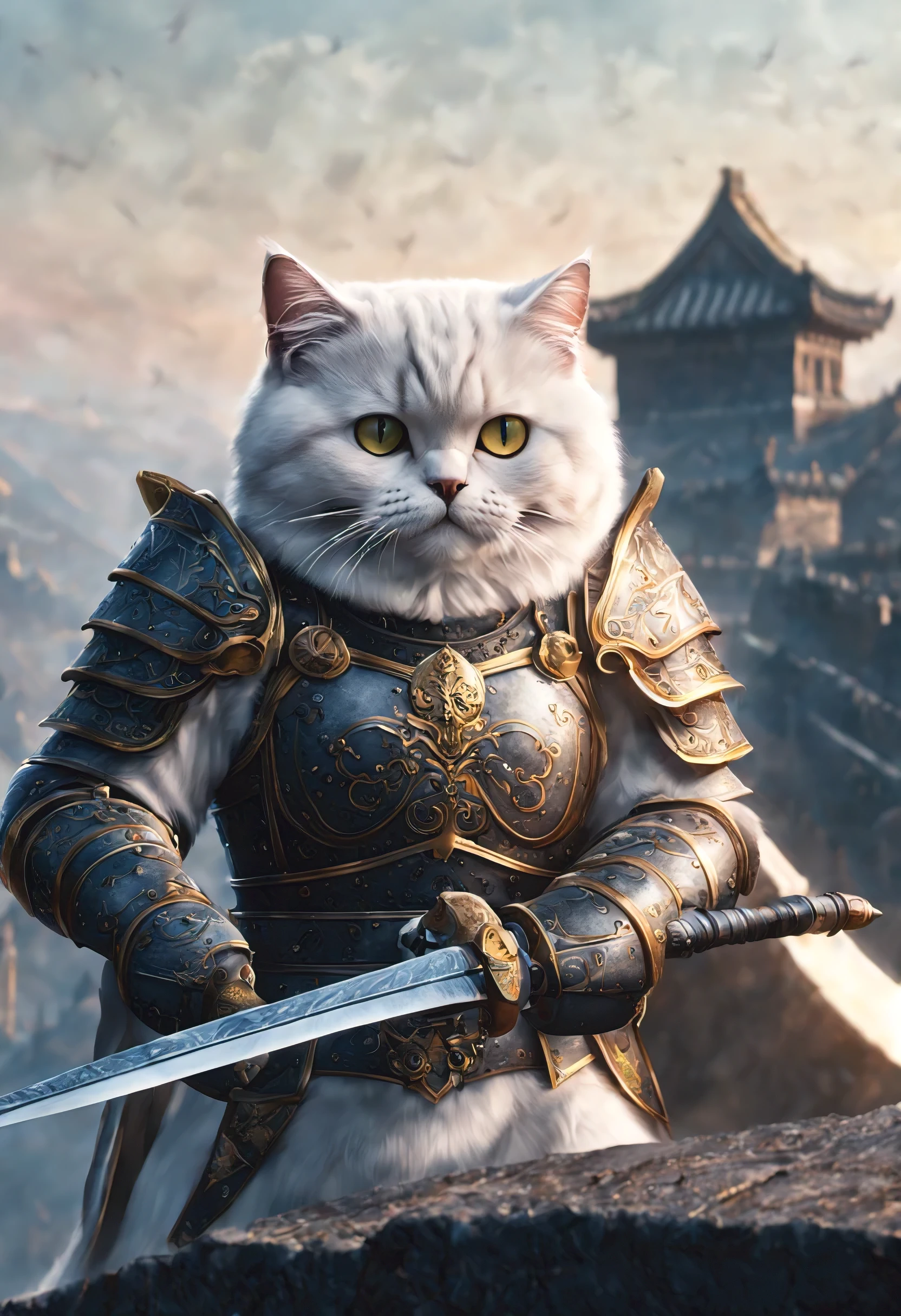 official art, unified 8k wallpaper, super detailed, Beautiful and beautiful, masterpiece, best quality, watching a film《lord of the ring》style of,Real scenes,Epic war scenes,(White British Shorthair Warrior:1.4),(whole body:1.2), Put on exquisite armor,Holding a long sword,In battle,The Great Wall background,cool color,texture,Ray tracing,