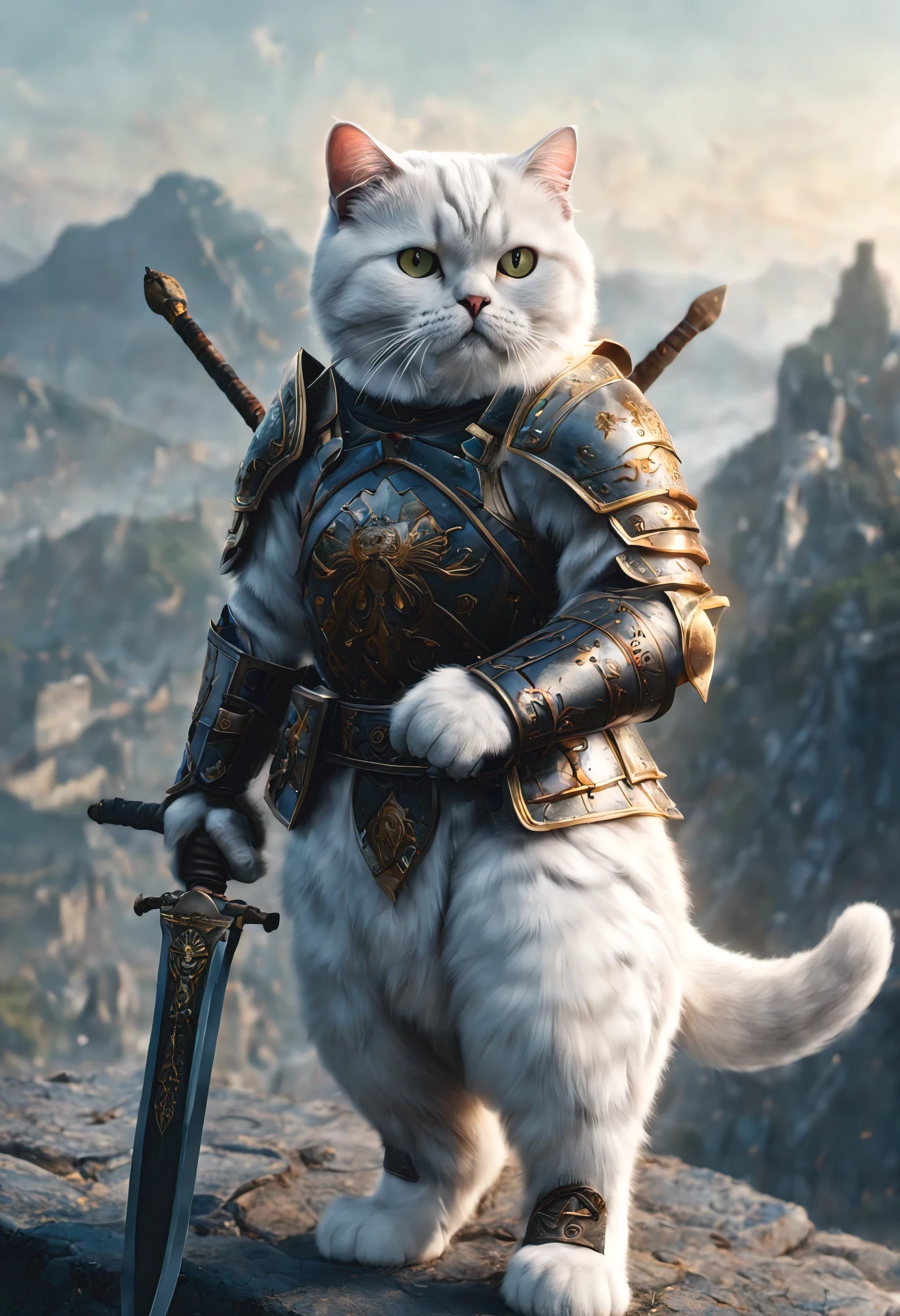 official art, unified 8k wallpaper, super detailed, Beautiful and beautiful, masterpiece, best quality, watching a film《lord of the ring》style of，Real scenes，Epic war scenes，(White British Shorthair Warrior:1.4)，(whole body:1.2), Put on exquisite armor，Holding a long sword，In battle，The Great Wall background，cool color，texture，Ray tracing，