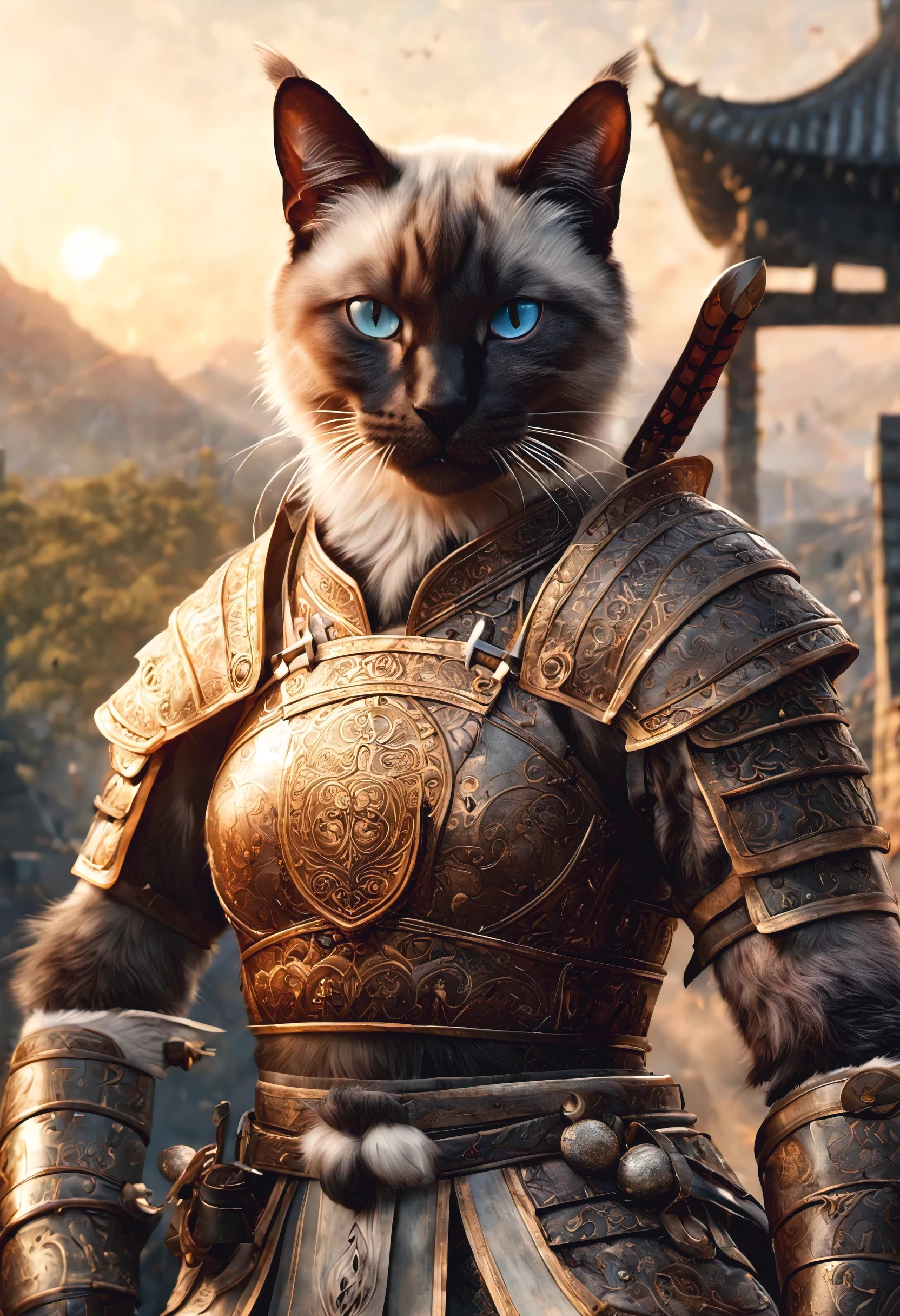 official art, unified 8k wallpaper, super detailed, Beautiful and beautiful, masterpiece, best quality, watching a film《lord of the ring》style of，Real scenes，Epic war scenes，(siamese cat warrior:1.4)，(whole body:1.2), Put on exquisite armor，Holding a long sword，In battle，The Great Wall background，cool color，texture，Ray tracing，