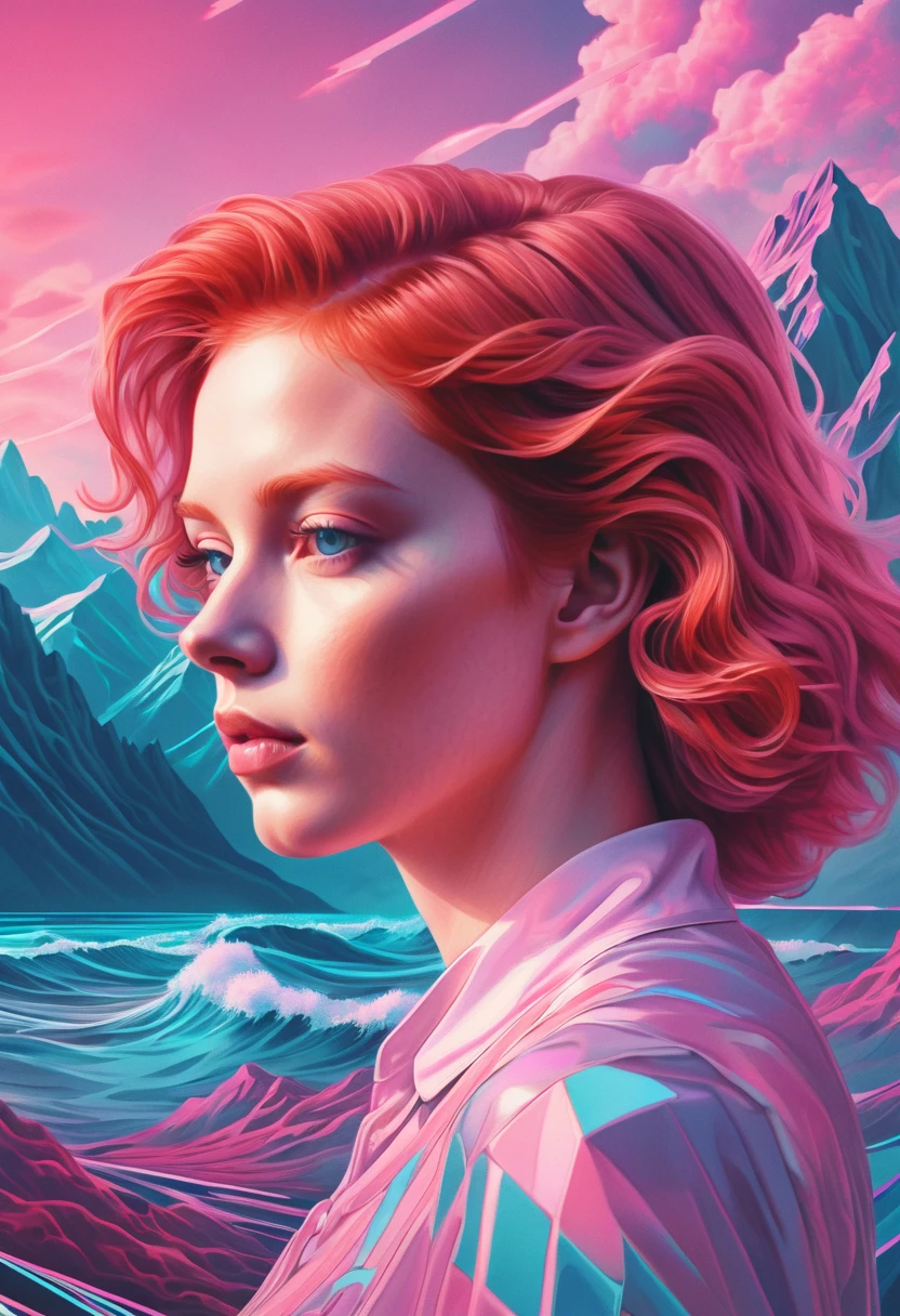 Vaporwave aesthetic pastel drawing, random directions theme, Young redhead Russian Svetlana Maltseva in double exposure.  crossroads, different paths, mountains, sea. hyper-detailed intertwining elements, dramatic lighting casting volumetric shadows adding mystery, high-contrast luminosity , digital painting, 32K ultra-resolution.Vaporwave aesthetic