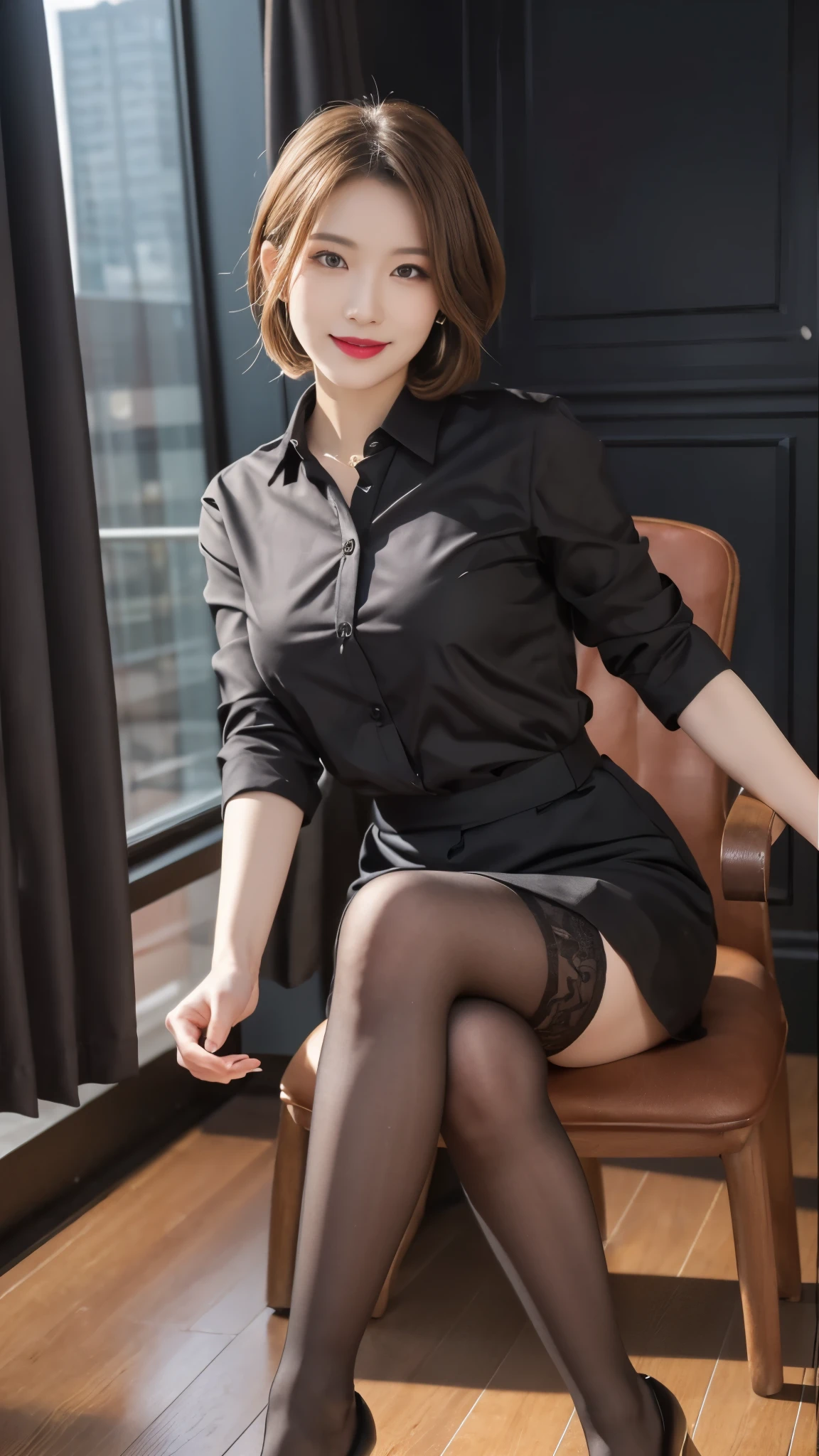 beautiful japanese woman，Photos taken by a professional photographer，Fancy makeup with red eyeshadow，double eyelid，The best smile，Delicate brown hair with short cut and side waves，big ring earrings，elegant legs，Wearing black high heels，long and thin legs, white shirt and super miniskirt, long legs, standing during class, very beautiful slim legs, とても美しいlong and thin legs, sitting at desk, Business service, beautiful feet, good hips and long legs, beautiful feet, black tights，black stockings，black pantyhose，