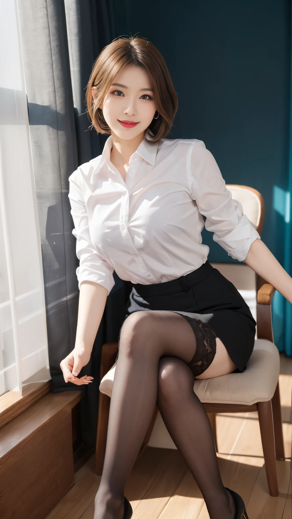 beautiful japanese woman,Photos taken by a professional photographer,Fancy makeup with red eyeshadow,double eyelid,The best smile,Delicate brown hair with short cut and side waves,big ring earrings,elegant legs,Wearing black high heels,long and thin legs, white shirt and super miniskirt, long legs, standing during class, very beautiful slim legs, とても美しいlong and thin legs, sitting at desk, Business service, beautiful feet, good hips and long legs, beautiful feet, black tights,black stockings,black pantyhose,