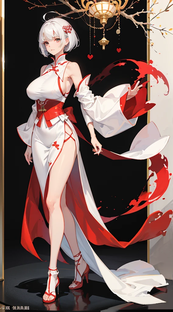 a girl，white short hair，Red and white Hanfu，Leaky thighs，High heel，huge breasts，slender waist，Perfect body，Standing posture，full body picture，