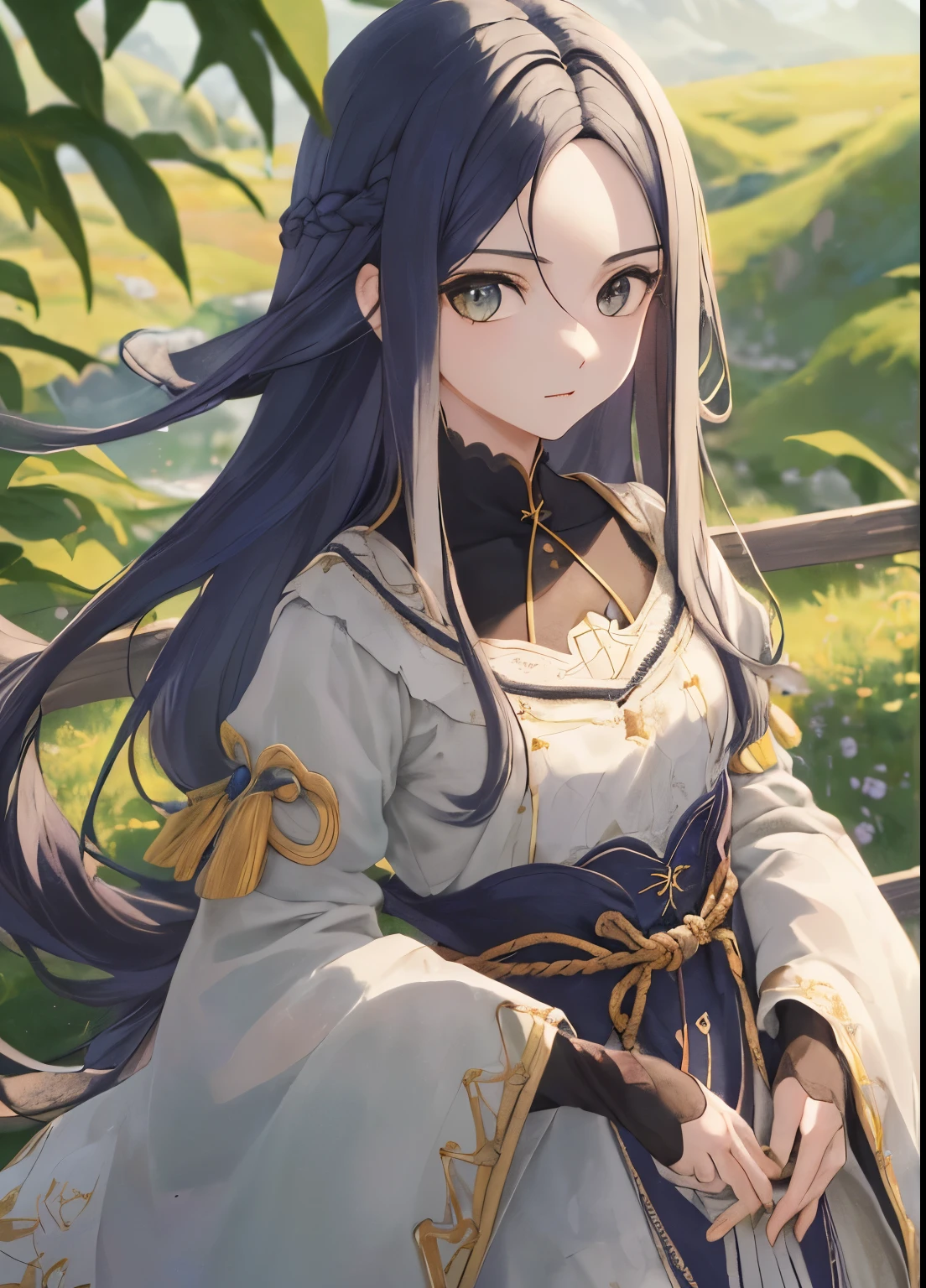 hyper detailed illustration ,Superfine illustration, ((((obra-prima)))), alta qualidade, muito_alto_Resolution, grande_tamanho do arquivo, colorido , muito fofa e linda,Muito bonito e bonito rosto e olhos de anime, Olhos muito delicados,sombra,Female, jovem,20 anos de idade, cabelo longo, Sozinho, 1 garota, pale skin , ((Waist to head)), cabelo multicolorido、Cabelo preto com degrade de verde、roupa de fazendeira bonito, pintura em aquarela、fundo bonito、Fantastic background、fundo campo bonito.