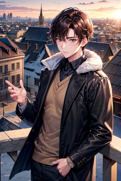 a handsome guy、20代の男性、Winter clothes、Brown-haired shorthair、black eyes、long sleeve、sunset、old townscape、High resolution、In 8K、sharp focus、zoom、with the best image quality、highest quality