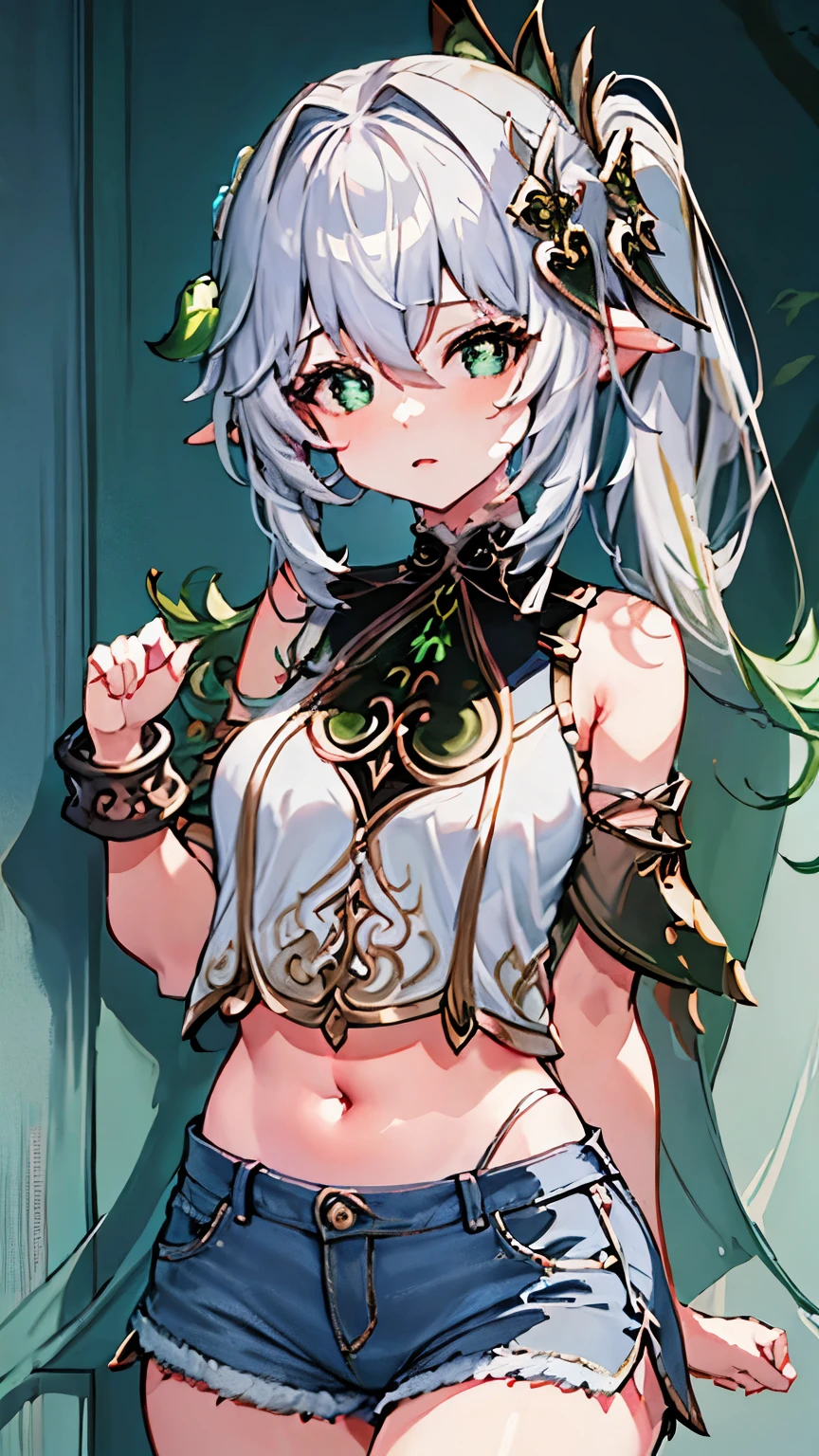 bottomless, flat chest, sunbathing, 8 , loli, outde, smiling, sunny, bright sunlight, grass, pointy ears, hair ornament, white hair, green hairstreak, side ponytail, masterpiece, best quality