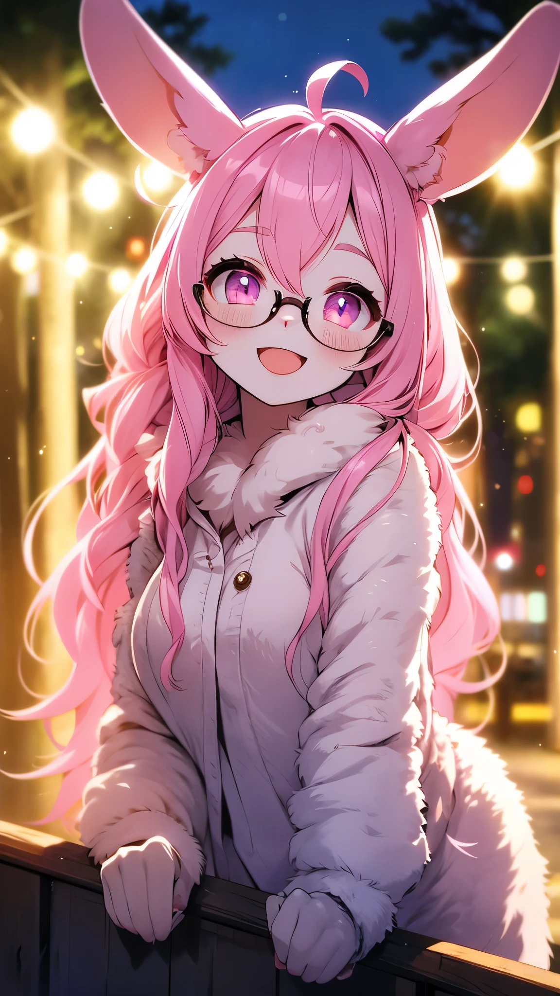 rabbit furry girl,pink hair,glasses,nude,naked,shiny skin, looking at viewer,ultra light and shadow,woods,night,smile,open mouth,all face blush,chaplet
