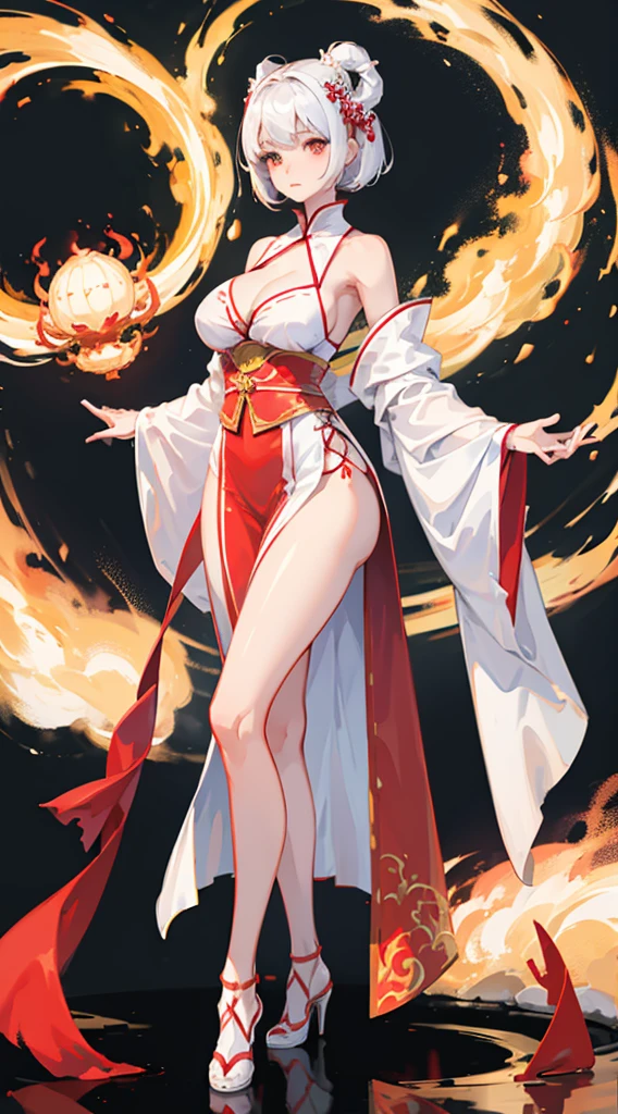 a girl,white short hair,Red and white Hanfu,Leaky thighs,High heel,huge breasts,slender waist,Perfect body,Standing posture,full body picture,There are dragon horns on the head