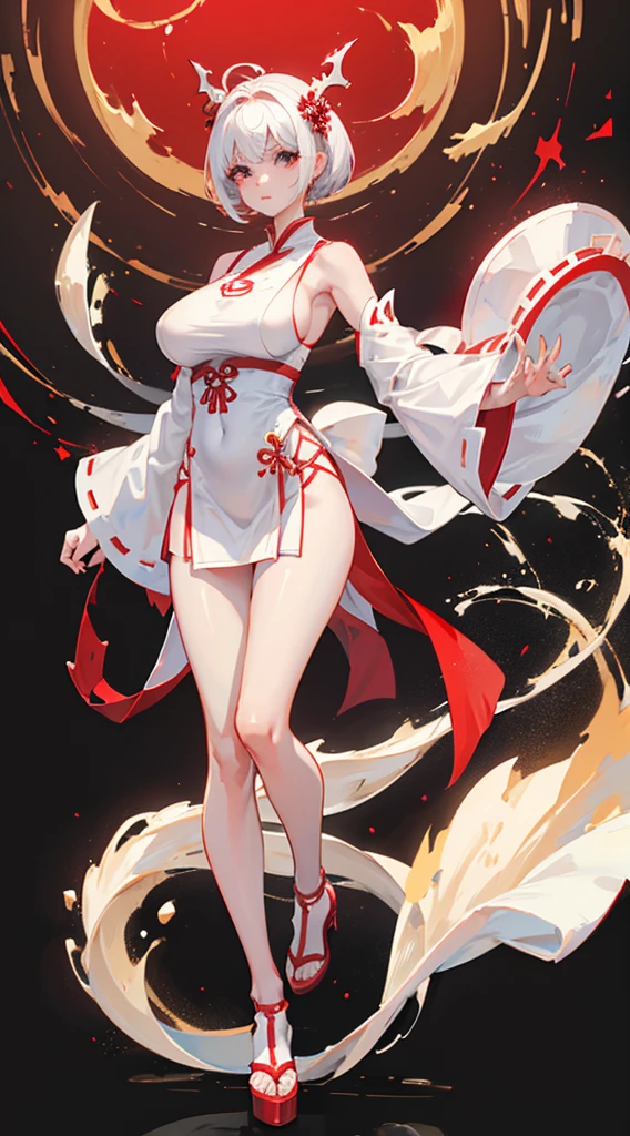 a girl，white short hair，Red and white Hanfu，Leaky thighs，High heel，huge breasts，slender waist，Perfect body，Standing posture，full body picture，There are dragon horns on the head