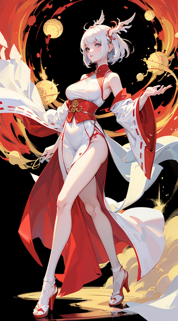 a girl，white short hair，Red and white Hanfu，Leaky thighs，High heel，huge breasts，slender waist，Perfect body，Standing posture，full body picture，There are dragon horns on the head