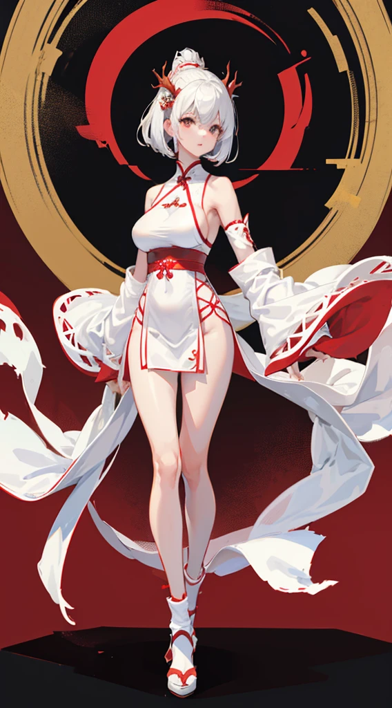 a girl，white short hair，Red and white Hanfu，Leaky thighs，High heel，huge breasts，slender waist，Perfect body，Standing posture，full body picture，There are dragon horns on the head
