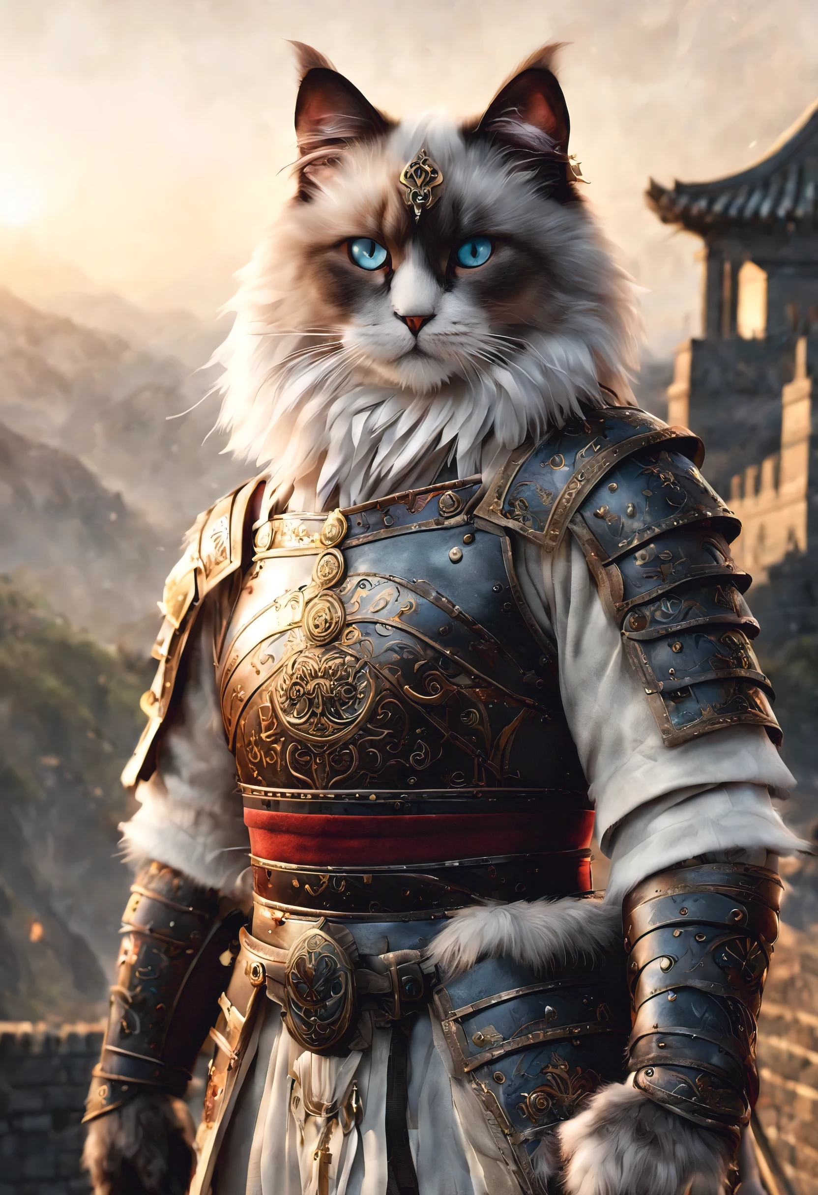official art, unified 8k wallpaper, super detailed, Beautiful and beautiful, masterpiece, best quality, watching a film《lord of the ring》style of,Real scenes,Epic war scenes,(Ragdoll Warrior:1.4),(whole body:1.2), Put on exquisite armor,Holding a long sword,In battle,The Great Wall background,cool color,texture,Ray tracing,
