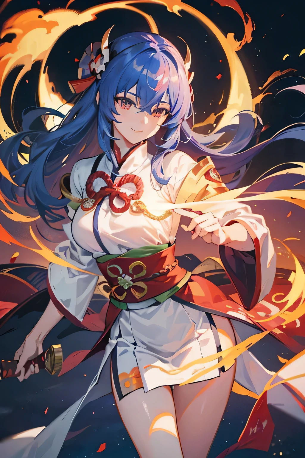 (best quality,4K,8k,high resolution,masterpiece:1.2), Super detailed, (actual,Japanese cartoons,photo-actual:1.37), Japanese Japanese cartoons, portrait, girls, sword, Mirror, vignettes, sun, blazing fire, cloud, smokes, slender figure, Japanese lightning goddess, Amaterasu, japanese goddess, japanese goddess, Japanese Japanese cartoons art, Japan's three sacred treasures, The influence of Genshin Impact, destiny/overnight with, Million Arthur Kings, 全身portrait, Smile, girl illustration, majesty, 拿着sword, Amaterasu, Amaterasu, Amaterasu, Amaterasu, destiny称号的指定, Mushoku Tensei,Smile,black hair