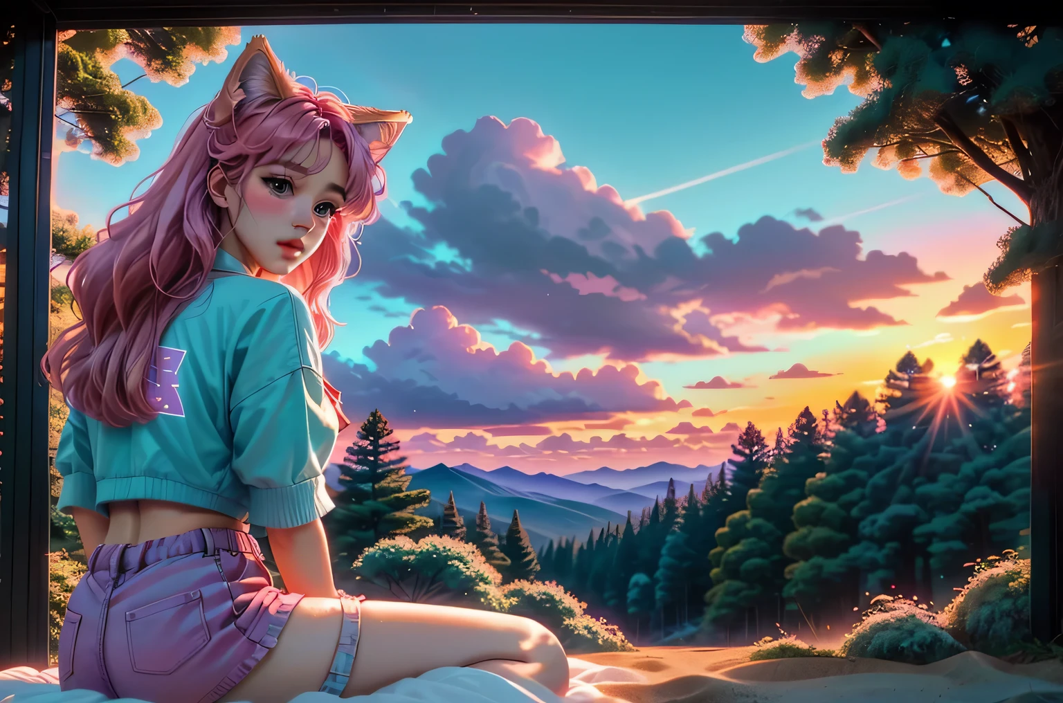 Beautiful sunset on the outskirts of a pine forest, clouds in the blue sky, the sun was half hidden behind the horizon, but still sends out its soft sunset rays and paints the landscape with delicate beautiful colors, cartoon fox and wolf sitting on the outskirts of the forest with their backs to the viewer and enjoying the sunset, photography with Vaporwave effect, vapor wave aesthetics, Highest resolution, Maximum realism