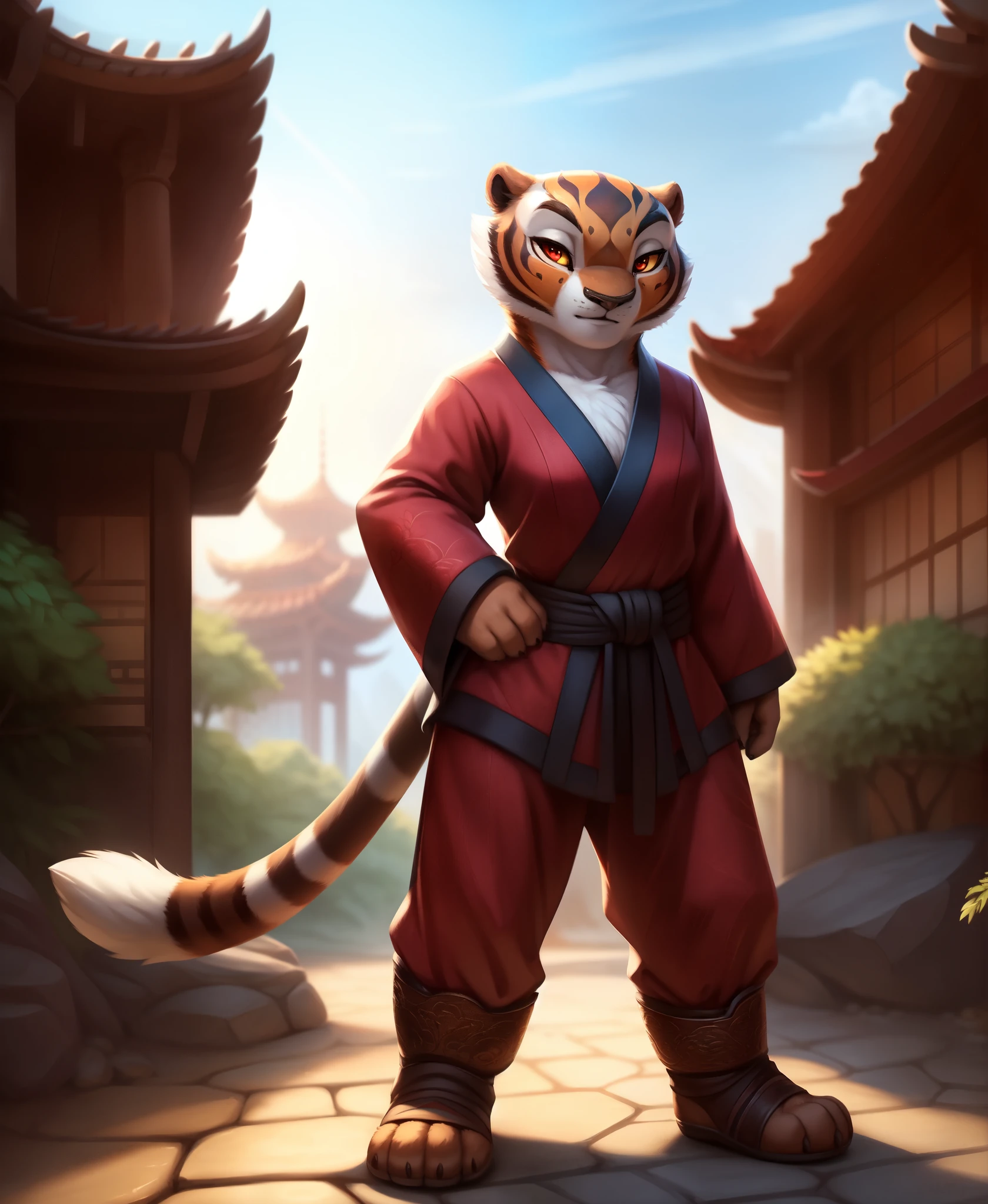 (by kilver), (by canxue), (by yuris (artist)), (by skyline comet), (by pestil),, solo,female (cute:1.1) master tigress (Kung Fu Panda), anthro fullbody, anthro full body, detailed background, outdoors, cinematic lighting, animated movie, artistic, 8k hd, photo, photoreal, (detailed fur:1.3) (furr detail, fluffy:1.3), (big detailed red eyes, yellow sclera:1.2),, depth of field,,, 