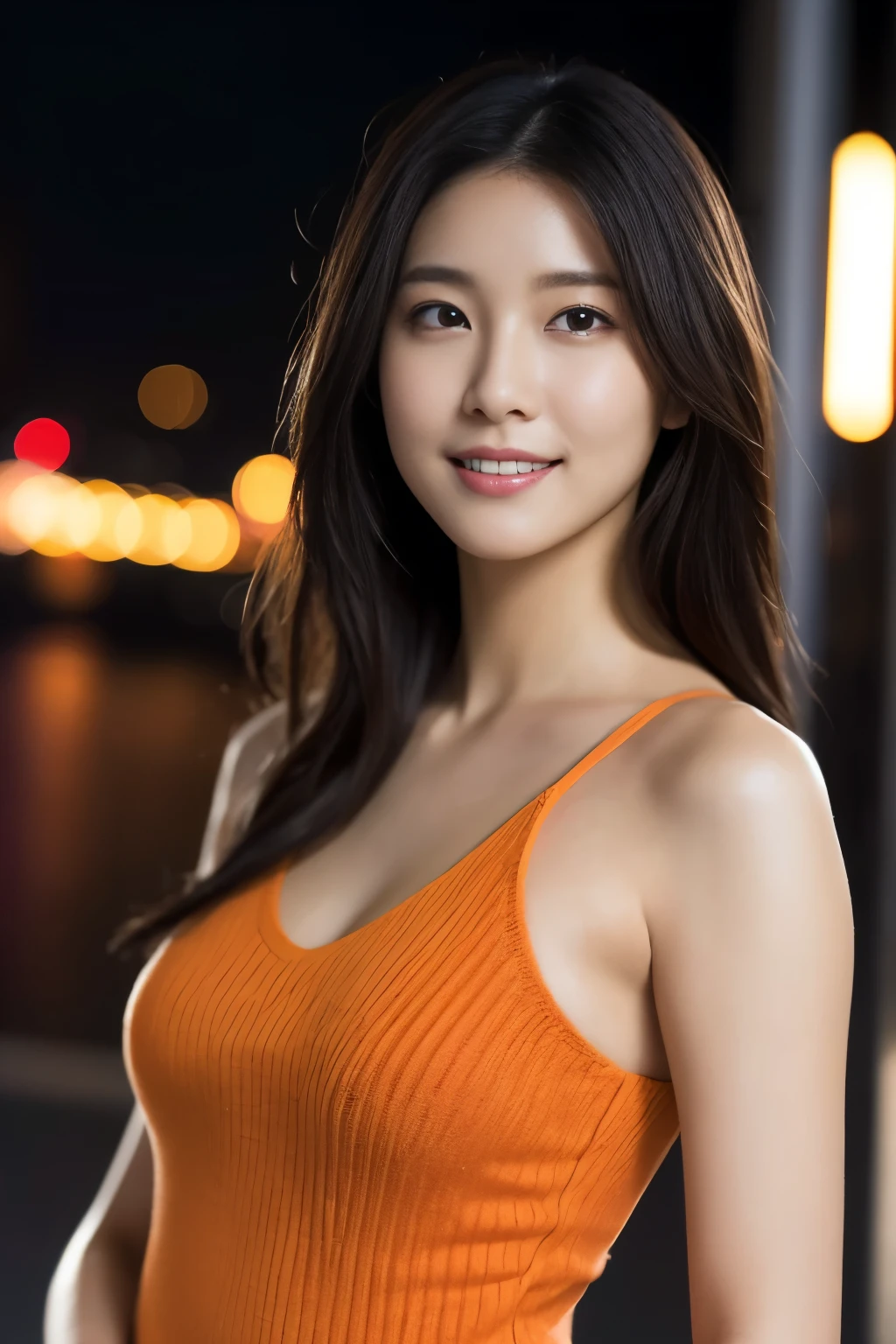 1 girl, (wearing an orange knit dress:1.2), (RAW photo, highest quality), (realistic, Photoreal:1.4), table top, very delicate and beautiful, very detailed, 2k wallpaper, wonderful, finely, very detailed CG Unity 8K 壁紙, super detailed, High resolution, soft light, beautiful detailed girl, very detailed目と顔, beautifully detailed nose, beautiful and fine eyes, cinematic lighting, city light at night, perfect anatomy, slender body, smile, Full camera perspective, face forward