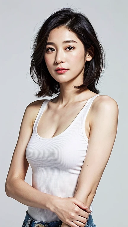 (highest quality, 8K, 32K, masterpiece, UHD:1.2),beautiful woman pictures, ((whole body)),Are standing,face focus, extra large size_white tank top, simple background, smile,one person,morning,nature,healthy,stylish,Good posture,sporty,simple room,Fashion Model,asian,realism,Bob Hairstyles,(positive),(((middle-aged women))),((thin lips))