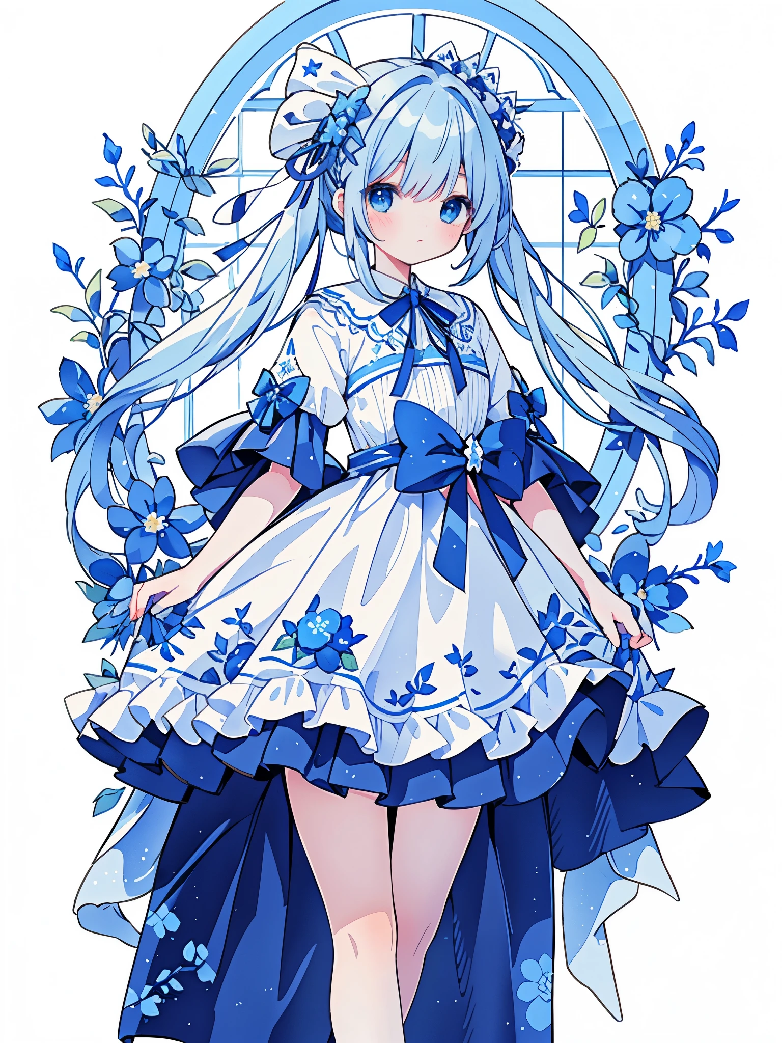 digital art, masterpiece, 最high quality, Super detailed, high quality, 4K, cute girl, blue and white dress, blue hair, blue eyes, blue flowers, Flowers of white color, White ribbon, Blue ribbon, bluebird,
