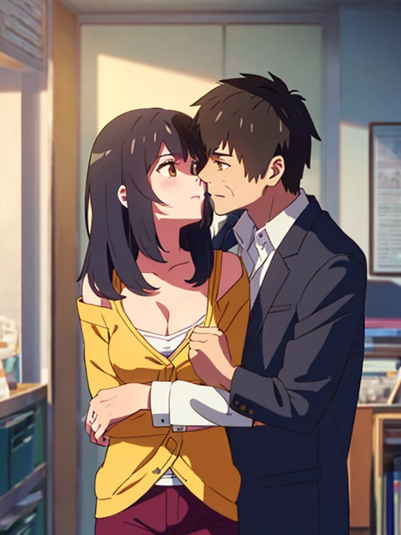 shinkai makoto, kimi no na wa., 1middle age man, wrinkle face, black hair,bangs swept to the right side, office suit, middle aged man caressing girl's body, kiss cheeks, passionate hug, boy is hugging from behind, chestgrope from behind, middle aged man is touchig girl's chest, hold chest, 1girl, bangs, black hair, brown eyes, Twisted Half Up, red ribbon, long hair, yellow cardigan,off shoulder cardigan, open shirt, orange shirt, cleavage, breast, medium breast, blue pants, storage room, indoors, masterpiece, perfect anatomy, cowboyshot