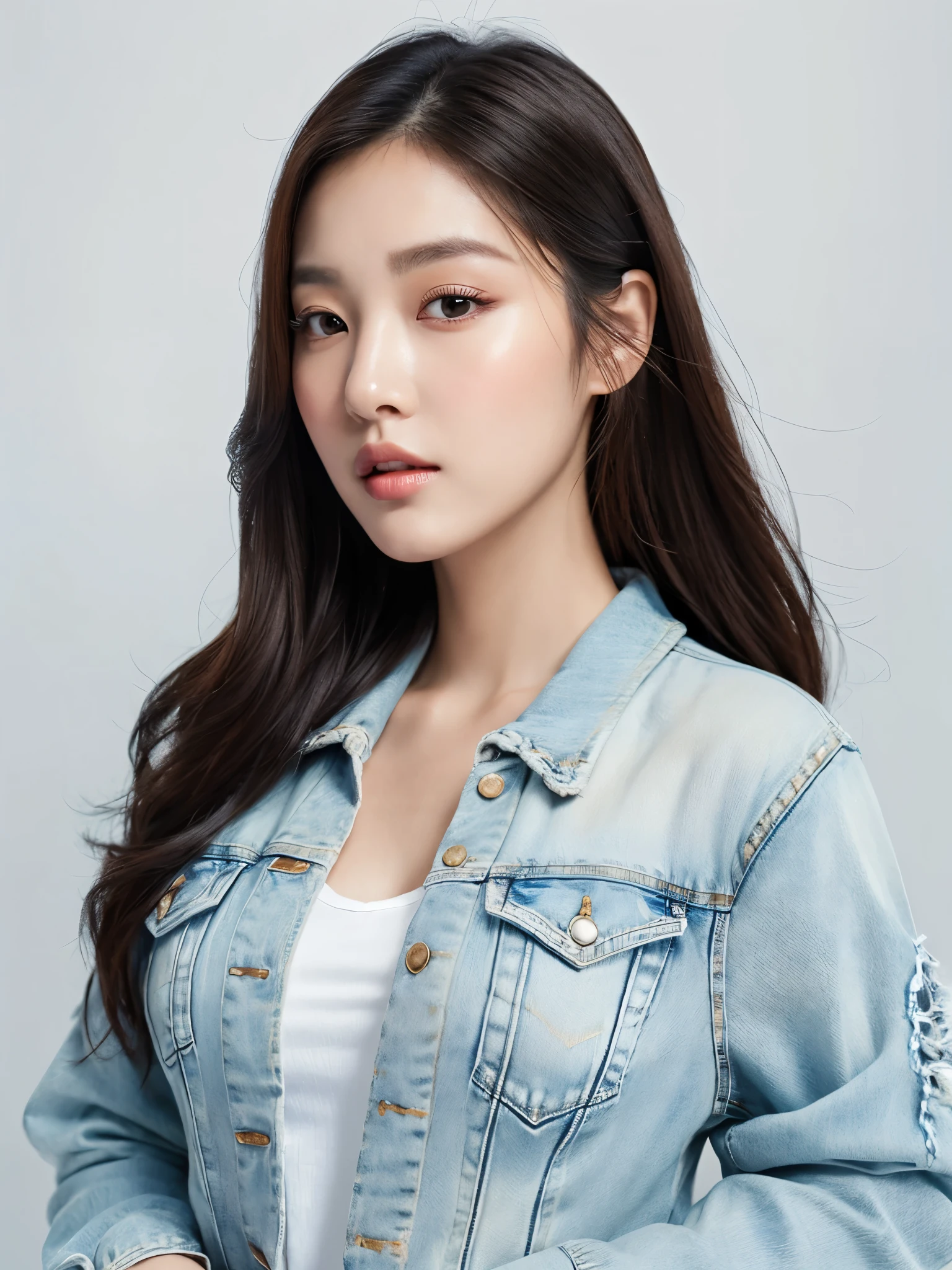 （In reality， high resolution：1.3, masterpiece, 8K, best quality, ultra detailed ）,
korean girl wearing denim jacket, very beautiful face, (photo realistic:1.4), studio shoot,pictorial,photography,realistic eyes, Ultra-Detailed Face, Detailed Lips, normal hand, glossy lips, glossy face, simple background