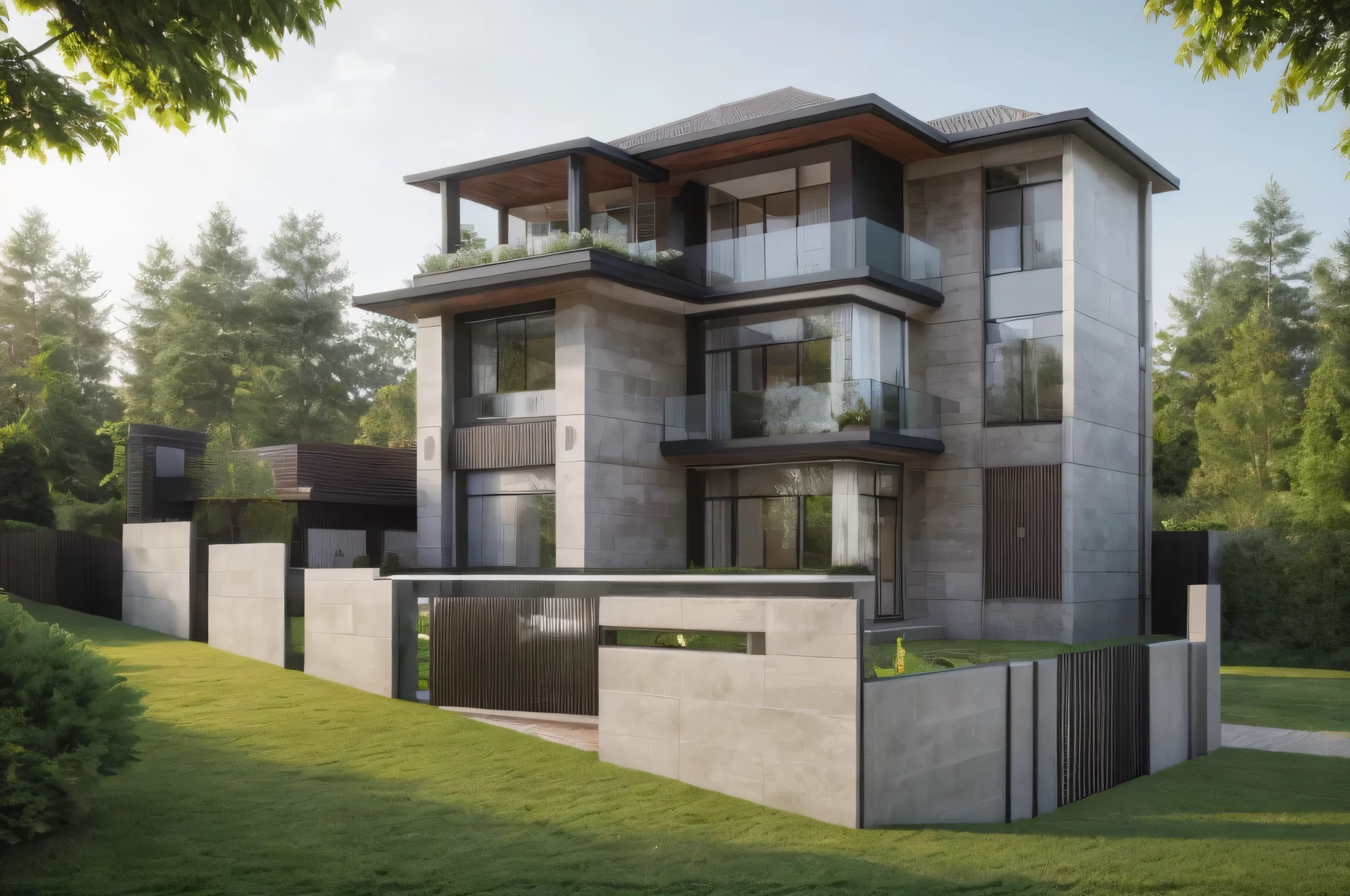rendering of a modern apartment building with a lot of windows, professional render, exterior design, large modern residence, precise architectural rendering, render to resolute perfection, concept house, award winning render, award-winning render, architectural 3 d render, lumion render, architectural render, high quality rendering, very realistic 3 d render, ultra modern, professional 3d render, (a road in front of villa), stone and grass path,