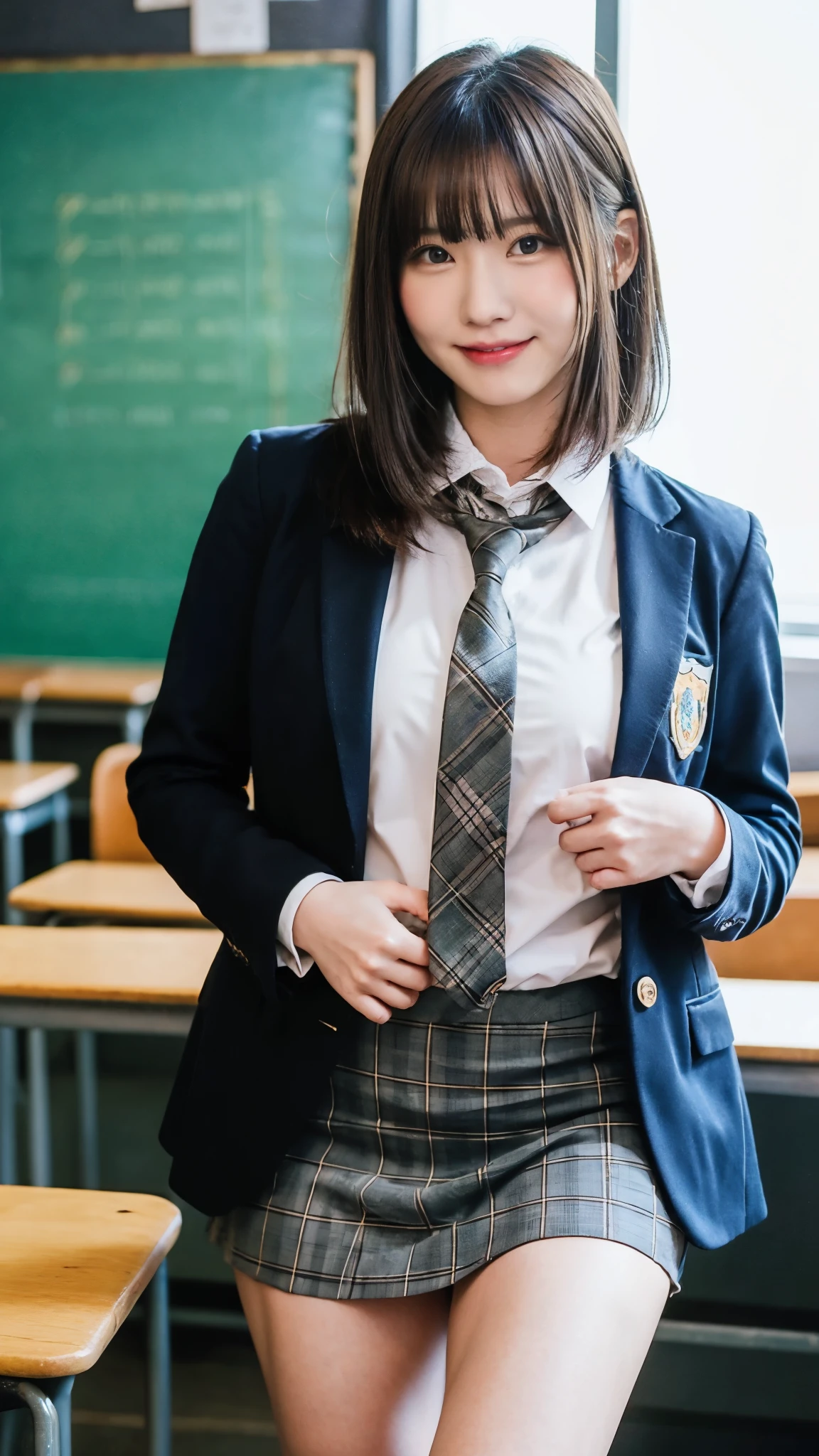Girl Standing In School Classroom,Red Tie Uniform,Dark Blue Closed Blazer,Blue plaid skirt,18-year-old,bangs,a little smile,thighs,knees,from below