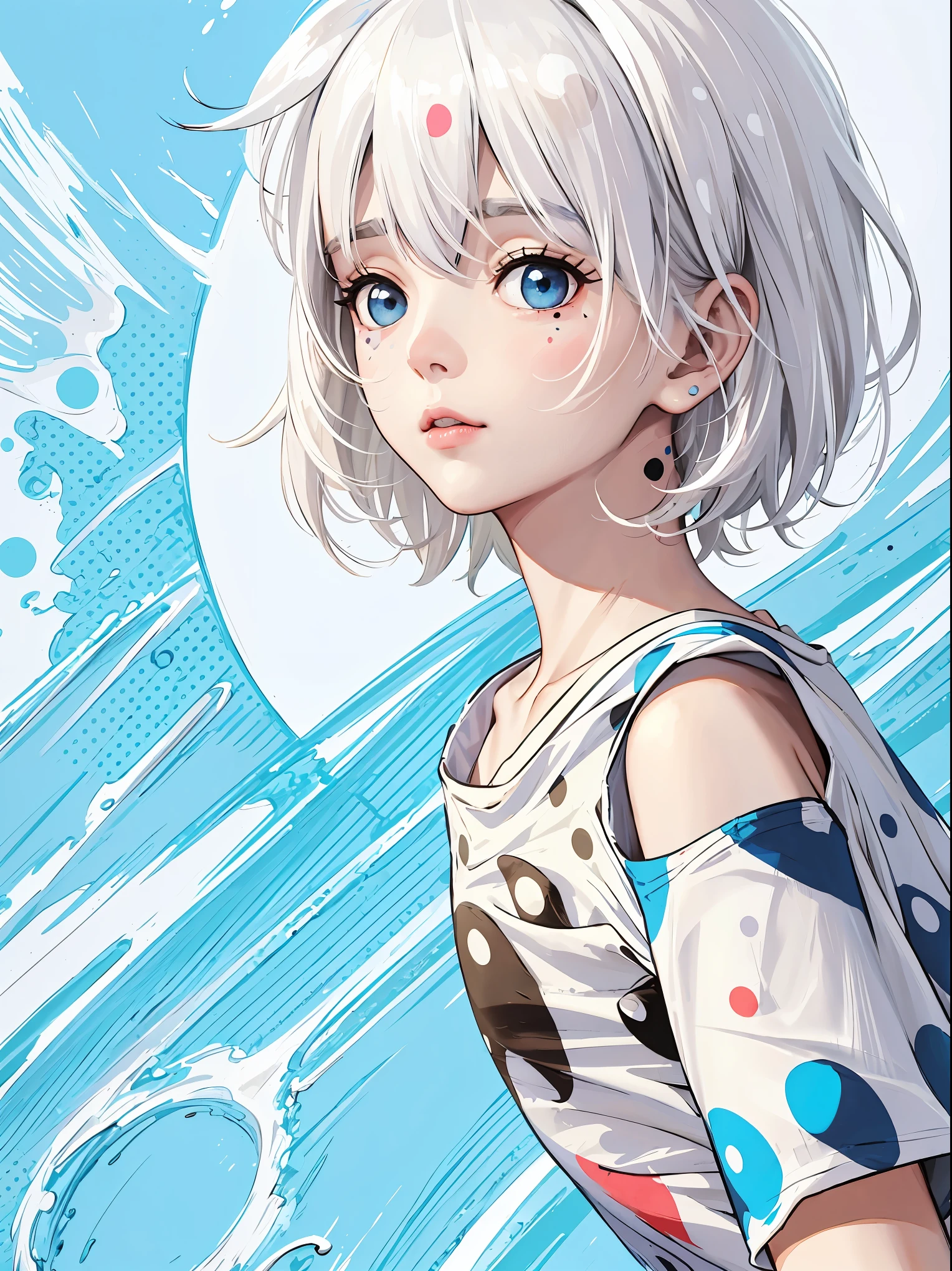 Masterpiece, Highest quality, clarification, (painting: 1.3),(Polka dot t-shirt: 1.9),(White hair:1.8), short hair, big eyes, Long eyelashes, Girl with blue eyes, beautiful girl, White shoulder shirt, Very detailed, detailed beautiful face, Blue gradient, light blue splash, splash, light blue splash, Masterpiece, White hair, Bright light blue eyes, Upper body, Bare shoulders, Bare shoulders, Bare shoulders,, 16 years old, from side, Search here, Resolution Max, Super babe, Light blue sky, Dynamic angle, thin paint style, Chaotic lines, Top quality, Masterpiece, high saturation, paint, Beautiful makeup, mouth closed,