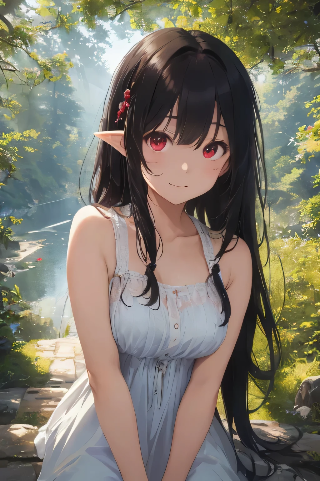 (((Top quality, 4k, 8k, high resolution, masterpiece: 1.2))), (super detailed), (realistic), (photorealistic), (photorealistic: 1.37), (HDR, UHD), (studio (lighting)), ultra-fine drawing, sharp focus, physically based rendering, highly detailed, professional, vibrant colors, perfect ditaile hand, (((Vast grassland, majestic plain, wind, grass swaying in the wind, Vast grasslands, majestic plains, wind, grass swaying in the wind))), (((girl, one girl, girl has black hair, brown skin, red eyes, elf ears, long hair, girl is looking at the viewer, girl is smiling, hair is blowing in the wind, girl is standing, girl is slightly bent on her knees, girl has her left hand on her knees, girl is showing cleavage, girl is sticking out her right arm to the viewer, girl is showing the palm of her right hand to the viewer)))