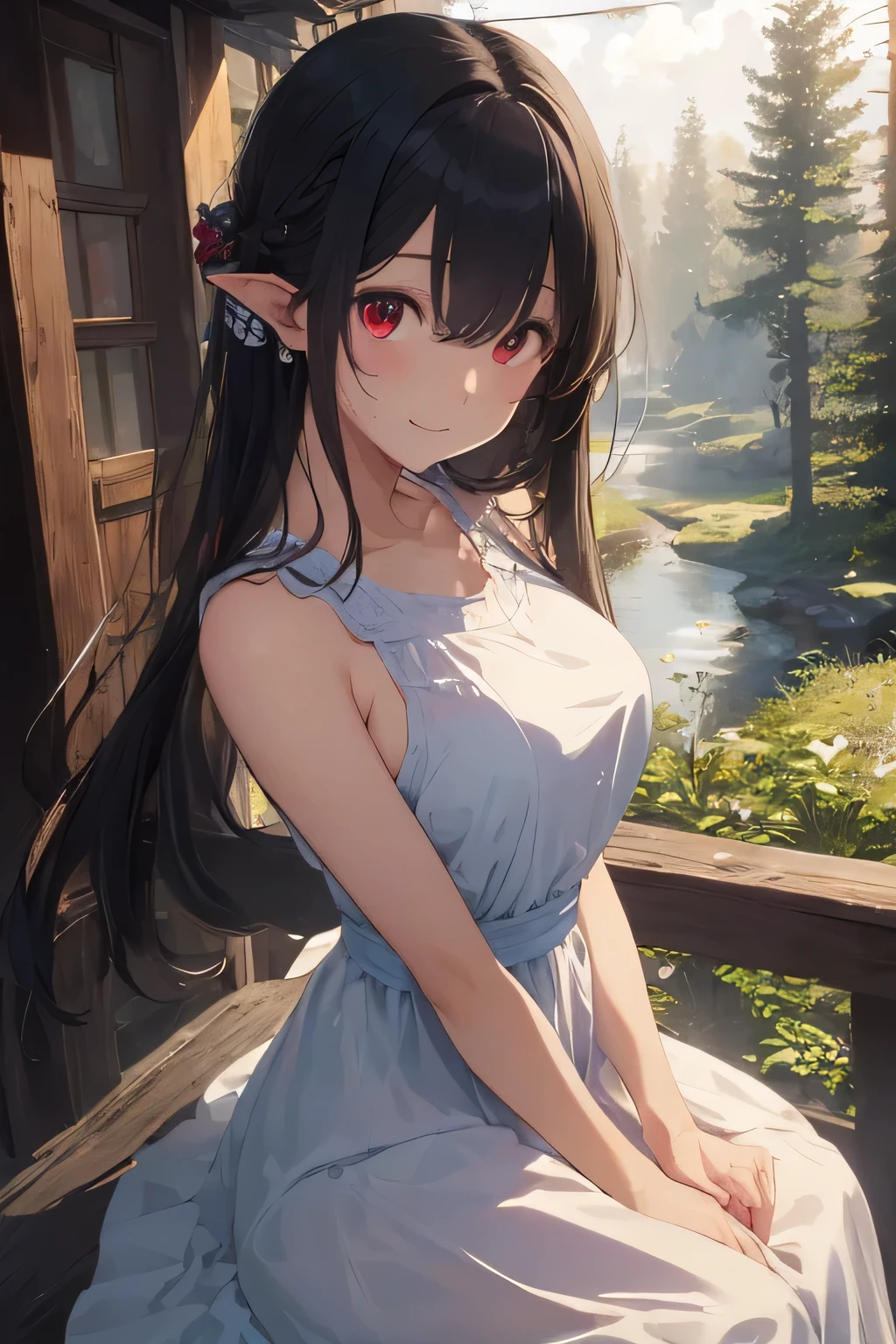 (Masterpiece、actual:1.4)、(very complicated:1.2)>、close shot、abortion、(upper part of body:1.2)、(from the front:1.3)、191971 dresses、backless dress、(longer dress:1.2)、(very long hair)、a smile、Naked of breast、bare shoulders、Sky、(Coniferous forest)、(confetti)、water、looking at the audience、Italian、head tilt、wind、cloud、阳Light、Asian、1 half-elf girl、alone、long hair,White hairband at the end of the hair、black hair、Japanese witch hairstyle、Hair tied up with white hairband、rest、Light、超high resolution、8 gourde、film particles、perfect anatomy、Fine skin details、 best shade、beautifully、raw、high resolution、Accurate background、(Natural forest in the background)、(Naked of breast)outstanding、red eyes
