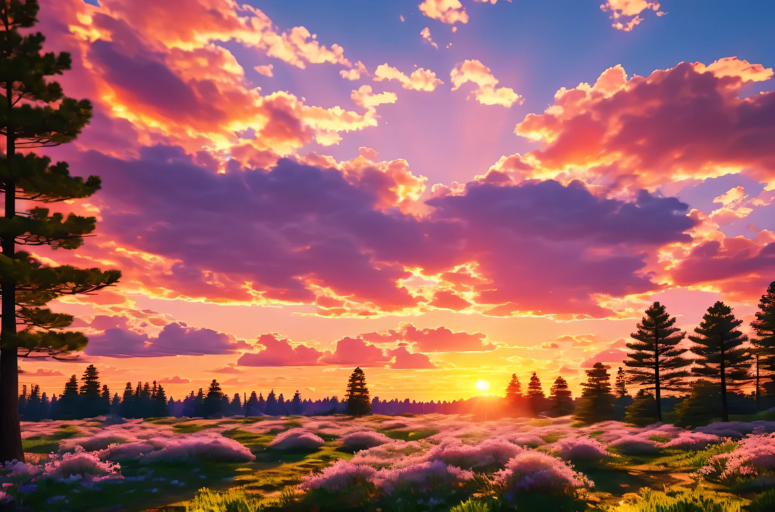 Beautiful sunset on the outskirts of a pine forest, clouds in the blue sky, the sun was half hidden behind the horizon, but still sends out its soft sunset rays and paints the landscape with delicate beautiful colors, cartoon fox and wolf sitting on the outskirts of the forest with their backs to the viewer and enjoying the sunset, photography with Vaporwave effect, Vaporwave Aesthetics, Highest resolution, Maximum realism