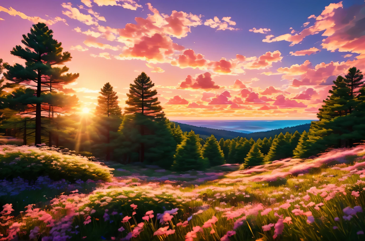 Beautiful sunset on the outskirts of a pine forest, clouds in the blue sky, the sun was half hidden behind the horizon, but still sends out its soft sunset rays and paints the landscape with delicate beautiful colors, cartoon fox and wolf sitting on the outskirts of the forest with their backs to the viewer and enjoying the sunset, photography with Vaporwave effect, Vaporwave Aesthetics, Highest resolution, Maximum realism