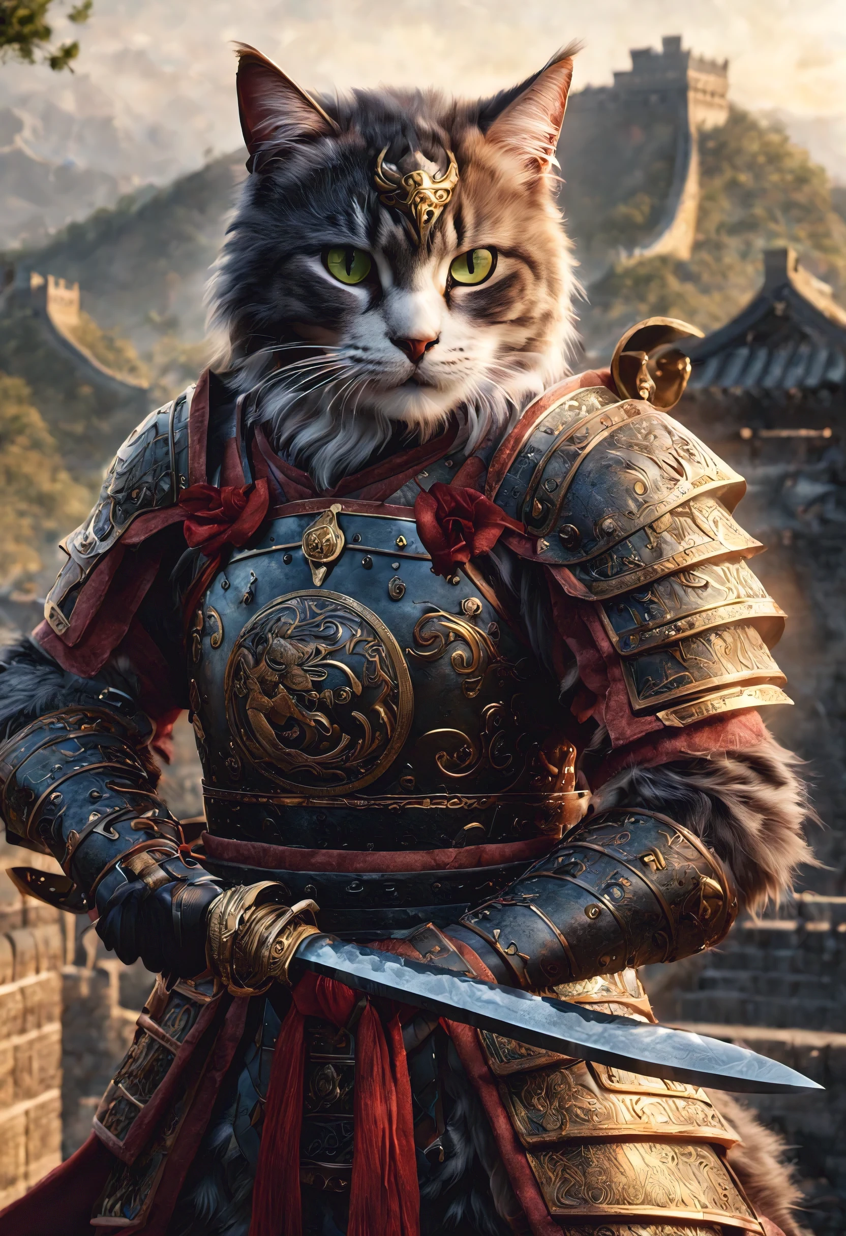 official art, unified 8k wallpaper, super detailed, Beautiful and beautiful, masterpiece, best quality, watching a film《lord of the ring》style of，Real scenes，Epic war scenes，(Chinese domestic cat warrior:1.4)，(whole body:1.2), Wear exquisite armor and helmets，Holding a long sword，In battle，The Great Wall background，cool color，texture，Ray tracing，