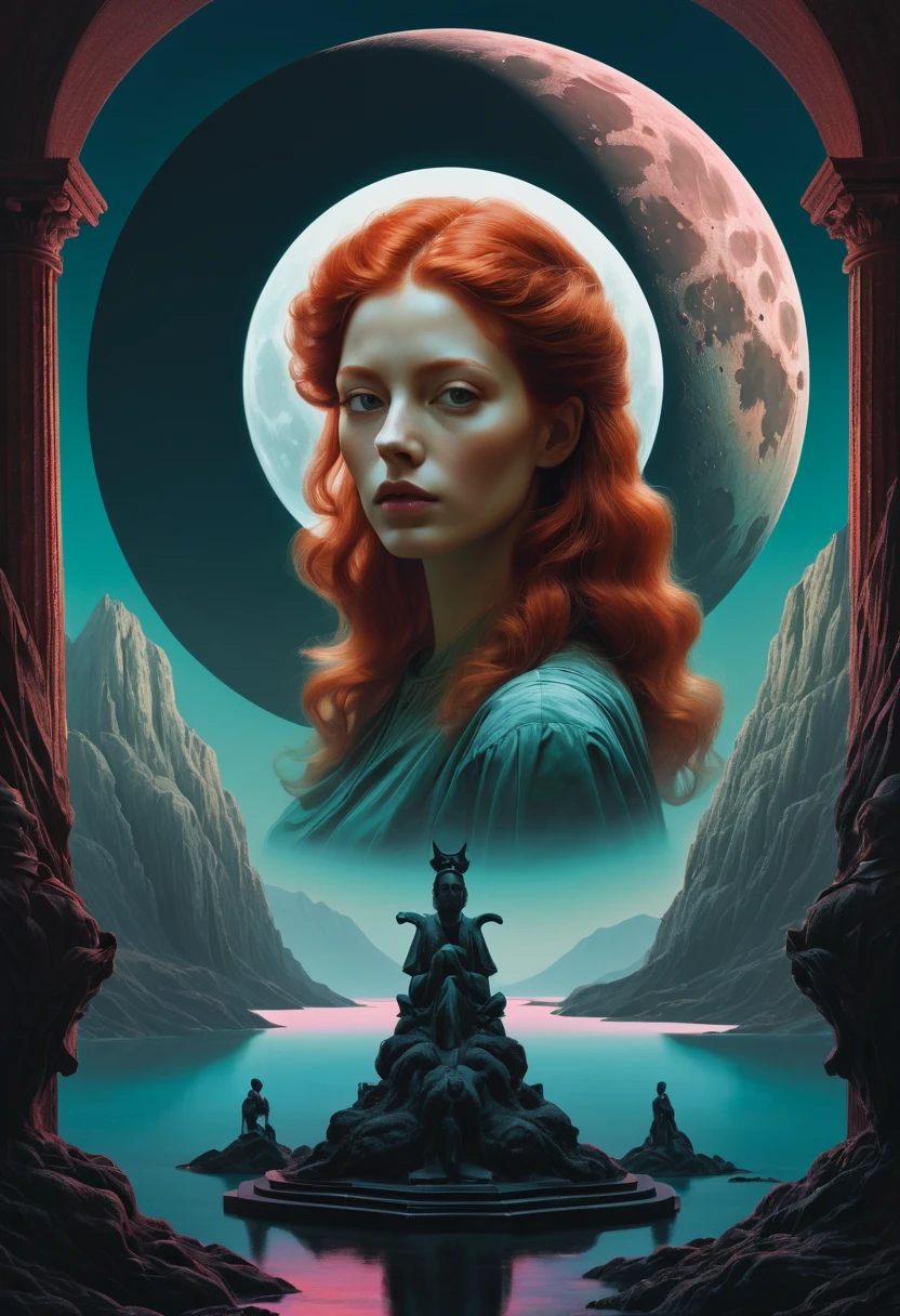 Vaporwave aesthetic pastel drawing of redhead Svetlana Maltseva in double exposure, positioned at a mysterious crossroads under a moon, flanked by statues leading to divergent paths across mountains and sea, interlaced with high-contrast volumetric shadows, chiaroscuro effect reminiscent of oil paintings by Raphael, Caravaggio, hyper-detailed like the works of Greg Rutkowski, Beeple, Beksinski, and Giger, multilayered composition emphasizing