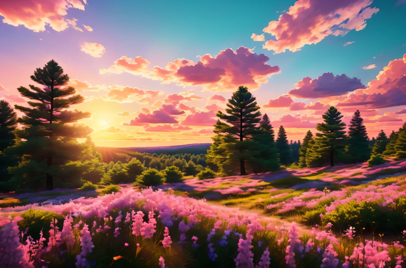 Beautiful sunset on the outskirts of a pine forest, clouds in the blue sky, the sun was half hidden behind the horizon, but still sends out its soft sunset rays and paints the landscape with delicate beautiful colors, cartoon fox and wolf sitting on the outskirts of the forest with their backs to the viewer and enjoying the sunset, photography with Vaporwave effect, Vaporwave Aesthetics, Highest resolution, Maximum realism