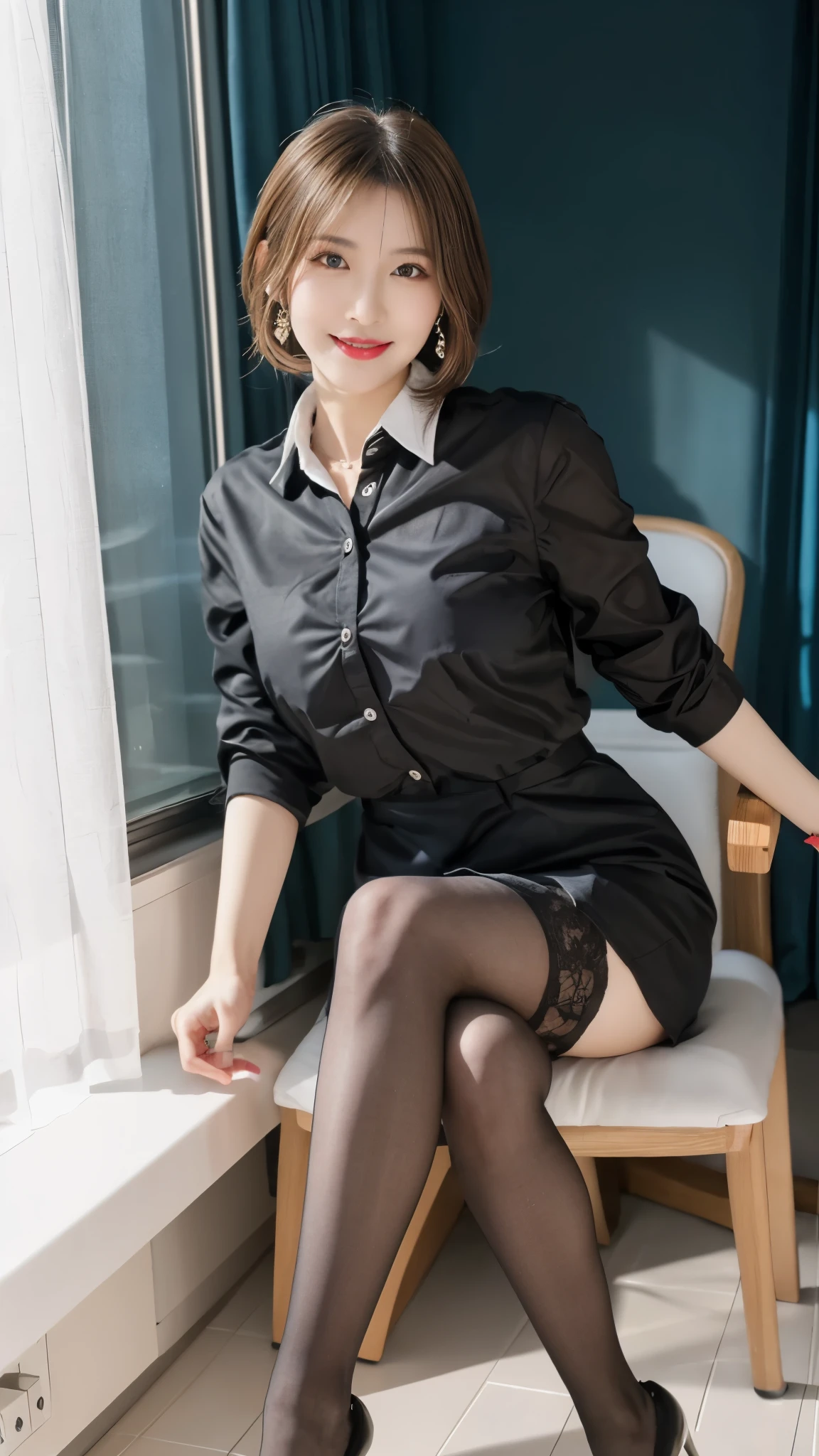beautiful japanese woman，Photos taken by a professional photographer，Fancy makeup with red eyeshadow，double eyelid，The best smile，Delicate brown hair with short cut and side waves，big ring earrings，elegant legs，Wearing black high heels，long and thin legs, white shirt and super miniskirt, long legs, standing during class, very beautiful slim legs, とても美しいlong and thin legs, sitting at desk, Business service, beautiful feet, good hips and long legs, beautiful feet, black tights，black stockings，black pantyhose，