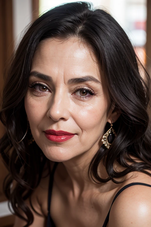 Gorgeous portrait of an older Spanish woman, long wavy hair, bright red lips, black eye shadow, charming smile, deep neckline, cafe, eye contact, looking at viewer, masterpiece, best quality, perfect detail, perfect face detail, perfect eye detail  , perfect skin detail, depth of field, perfect lighting