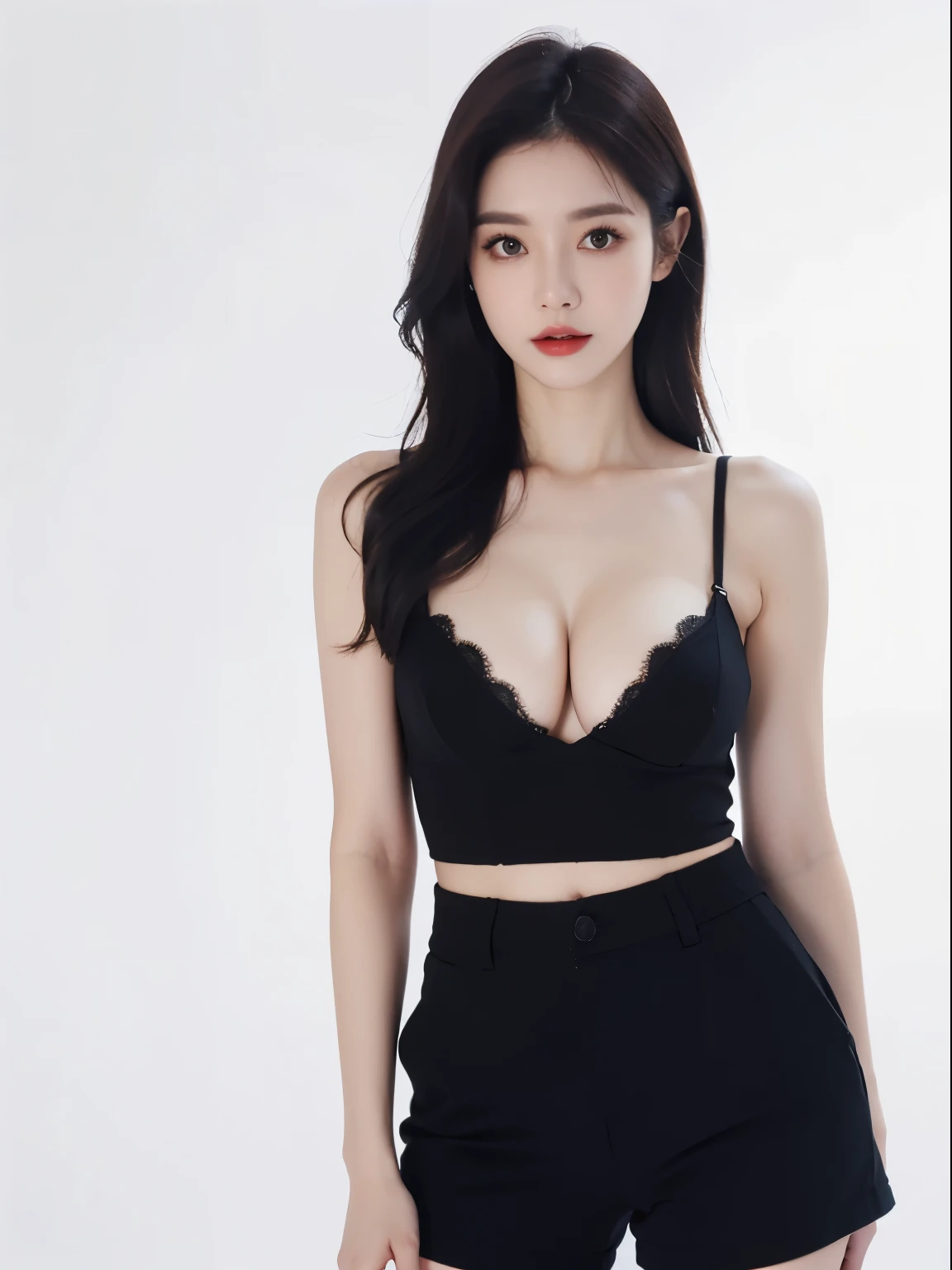 A slender woman, red glossy lips,(beautiful face), (best quality), (Super detailed), (Extremely detailed CG unified 8k wallpaper),(black clothes), Model photo, (standing), (pure white background),(cleavage),(big eyes),(average light source),(black shorts),(small breasts),(side)