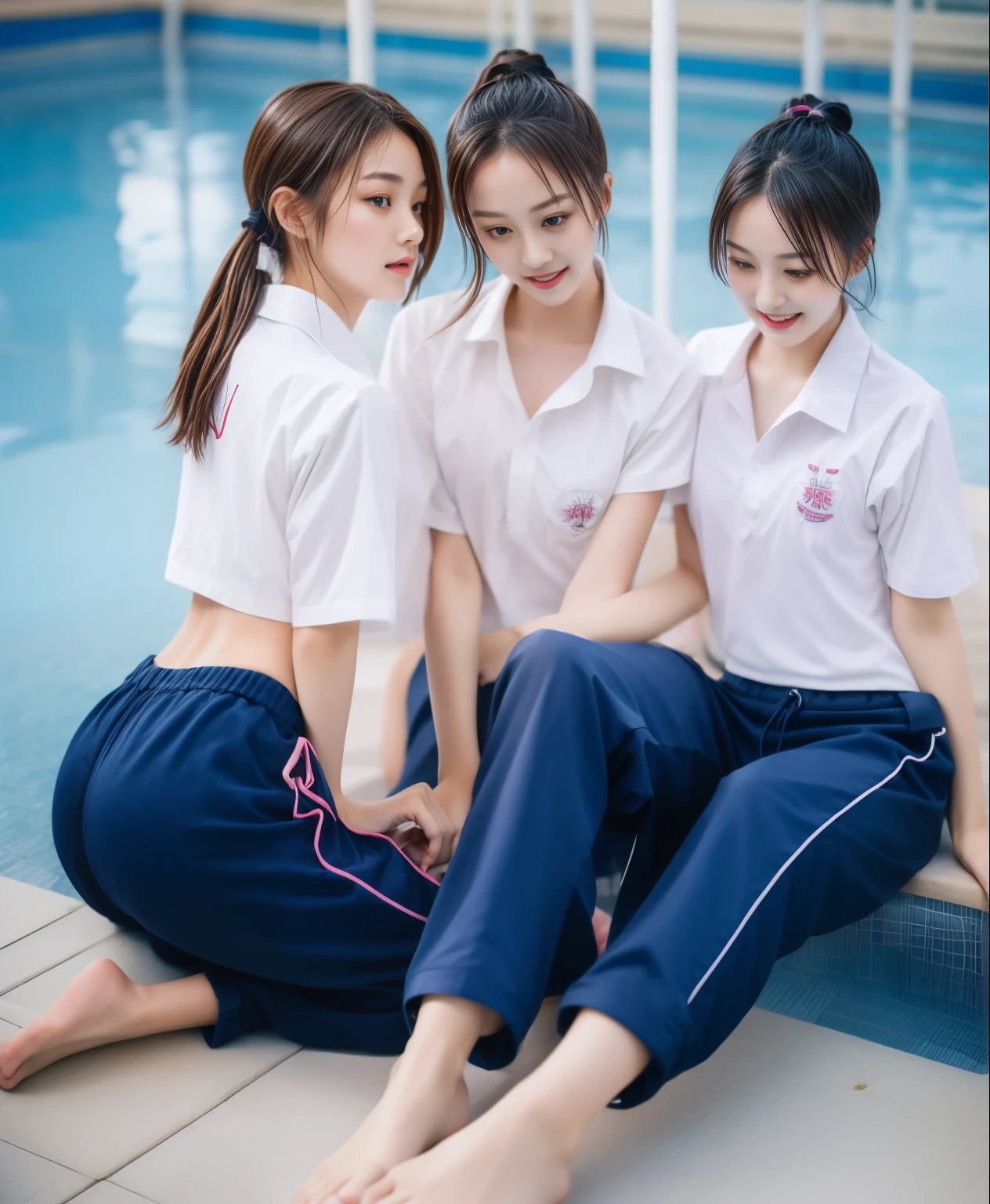 3 girls in the swimming pool, Navy blue short-sleeved shirt,Navy Long Trackpant,Sweatpants, Sweatpantsขายาว,25 year old girl, lesbian, sexy, exercise clothes, wet body, exercise clothes