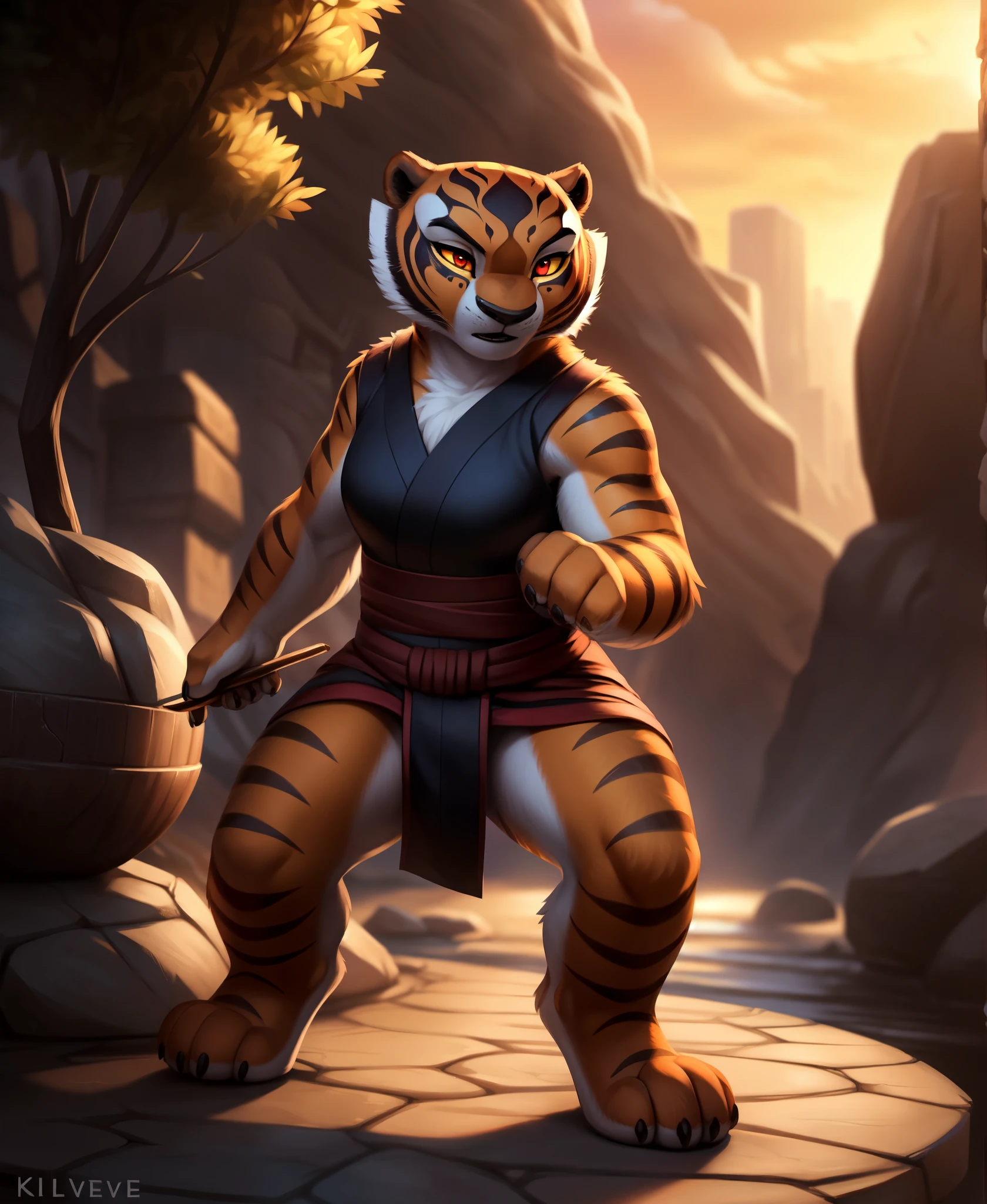 (by kilver), (by canxue), (by yuris (artist)), (by skyline comet), (by pestil),, solo,female, master tigress (Kung Fu Panda), anthro fullbody, anthro full body, detailed background, outdoors, cinematic lighting, animated movie, artistic, 8k hd, photo, photoreal, (detailed fur:1.3) (furr detail, fluffy:1.3), (big detailed red eyes, yellow sclera:1.2),, depth of field,,, 