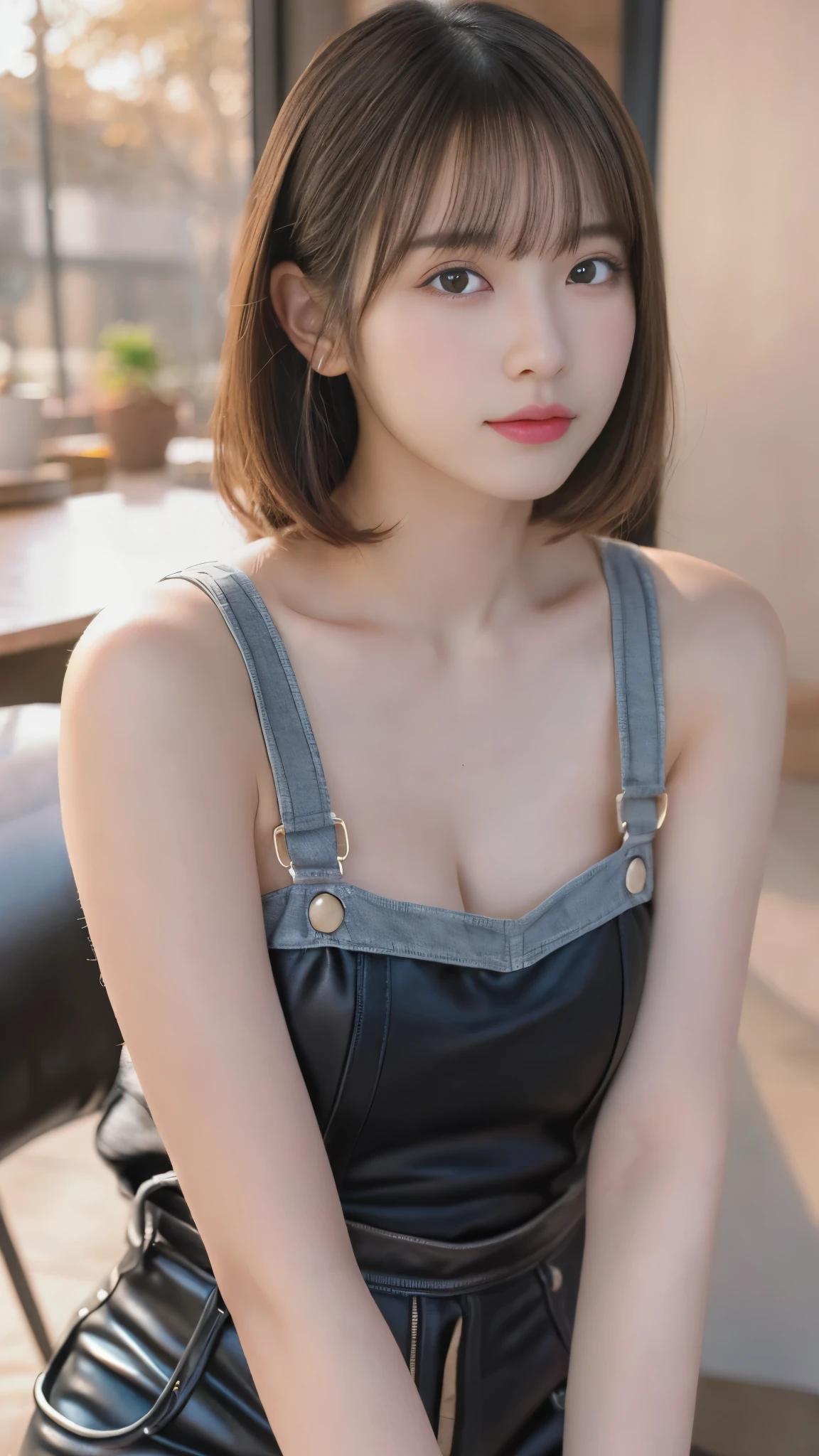 table top, highest quality, figure, super detailed, finely, High resolution, 8k wallpaper, 完璧なダイナミックな構figure, beautiful and fine eyes, woman's fashion fluffy winter clothes,Wearing sunglasses,medium hair,small breasts natural color lip, bold sexy pose、20 year old girl、cute、sexy shot looking at camera,RAW photo,anatomically correct body,blur the background,perfect and beautiful face,KPOP idol face,Slim face and body、Wearing a black miniskirt,Wearing black high heels,sitting in a chair,