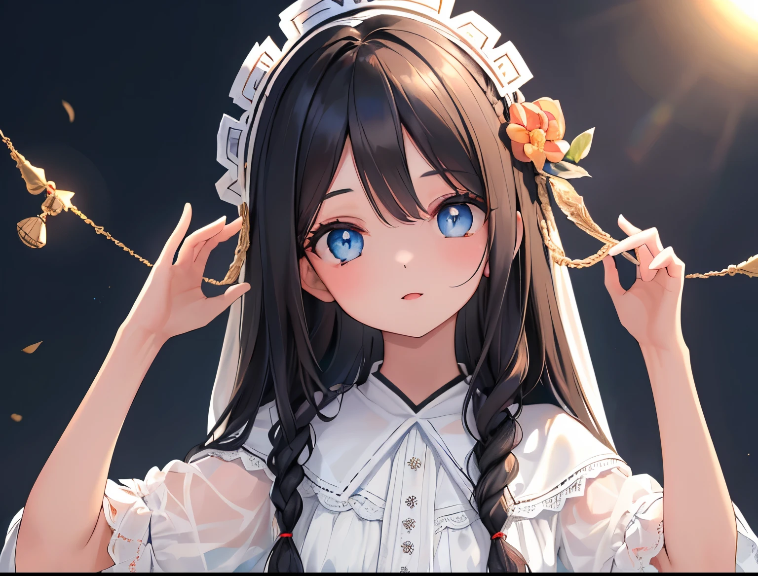 (obra de arte:1.21), (melhor qualidade:1.331), ((ultra-detalhado)), ((Extremely better illustration)), ((incredible)), (hiper qualidade), Gorgeous and rich graphics,
(extremamente delicado e lindo:1.21), 8k, papel de parede, (extremely beautiful lighting), luz forte, delicate composition, (perfect composition), (fundo extremamente bonito e detalhado:1.21), Rembrandt-style expression of light and shadow, Tom escuro, (discrete, high-variance color scale), ((profundidade de campo)), sombra profunda,
pose de frente, tronco, desfoque radial,
lindo dia de sol, (luzes detalhada, fundo desfocado do campo),
(1 garota),(lindos olhos detalhados), olhos azuis claros, long black hair with french braid,
Fadigas,
roupa simples e bonita,garota de frente olhando para frente, obra de arte, melhor qualidade,