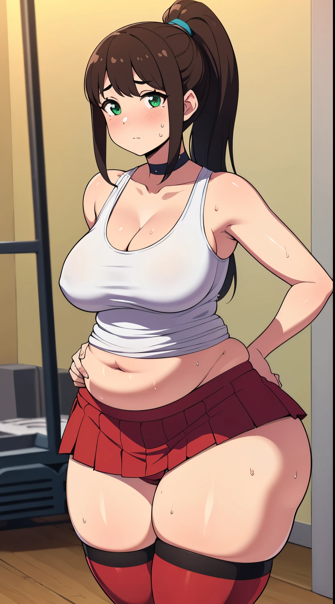 ((Masterpiece)), perfect anatomy, perfect shading, field of depth, (best quality), extremely delicate and beautiful, perfect lighting, detailed face, ultra cute face, cute, (cowboy shot 1.2) , looking at viewer, (((1girl))), (((solo))), cheerleader
long hair, fluffy hair, brown hair, ponytail, green eyes, ((blush)), (cheerleader uniform), (white tank top 1.2), (short section red skirt 1.2), thigh highs, chocker, extremely tight clothes, large breasts, cleavage, perky breasts, (wide hips), thick thighs, pudgy, pudgy belly,
School gym, intricate background, detailed background, sweaty,