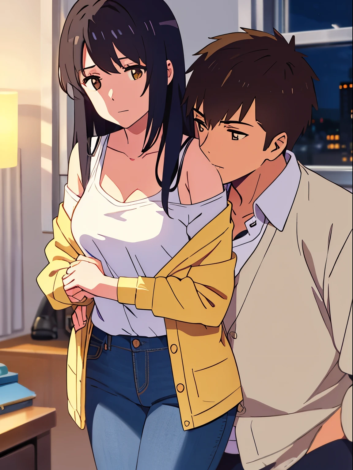 shinkai makoto, kimi no na wa., 1boy, buzzcut, office suit, boy caressing girl's body, kissing cheek , passionate hug, boy is hugging from behind, chestgrope from behind, boy is touchig girl's chest, hold chest, 1girl, bangs, black hair, brown eyes, Twisted Half Up Hair, red ribbon, long hair, yellow cardigan,off shoulder cardigan, open shirt, white shirt, cleavage, breast, medium breast, blue pants, bedroom, lamp, night, indoors, masterpiece, perfect ???????, cowboyshot