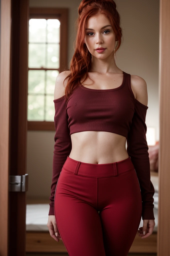 A Red-haired woman, half body photo of a skinny girl 30 y.o., NSFW, flashing, (:1.1),
Pilates pants and fitted long-sleeve top, Dame, Short, Narrow Hips, Square Face, Dark Skin, Chestnut Hair, dark brown Eyes, Straight Nose, Thick Lips, Sharp Chin, Shoulder-Length Red Hair, Thick Hair, Bun, full breasts, , rose gloss lipstick,
Masterpiece, hi res, 8k, award winning, RAW photo, high quality, 35mm photograph, film grain, bokeh, professional, 4k, highly detailed, 