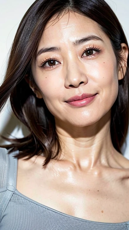 50-year-old Japanese woman with age-appropriate wrinkles, natual makeup, and flat chest, smile, (Wrinkles:1.3) at the corners of the eyes, laugh lines, nasolabial folds, wrinkled skin, full body,